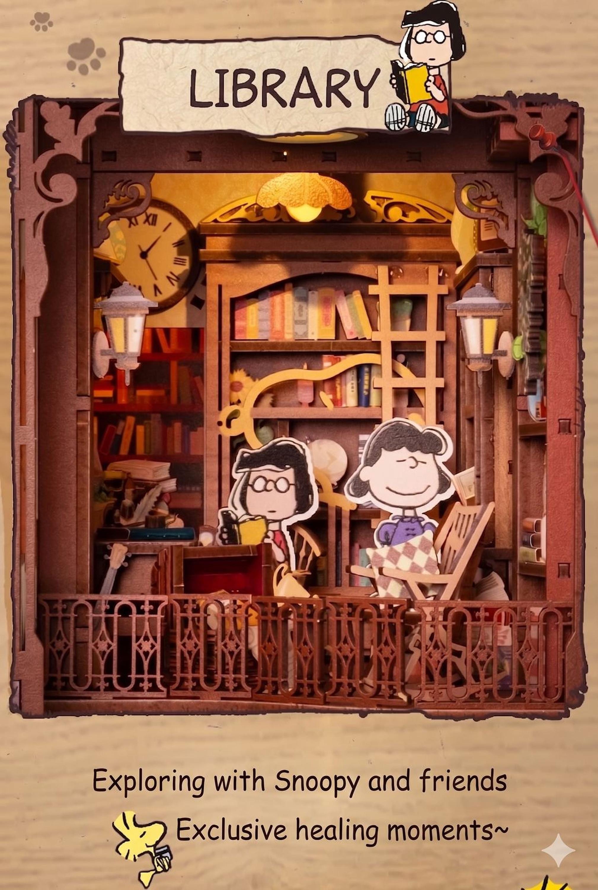 The image is a collage featuring a miniature library scene with two cartoon characters, one of which is a character from the Peanuts comic strip. The library is decorated with various books and a clock, creating a cozy and inviting atmosphere. The text "LIBRARY" is prominently displayed, and the caption below the image reads "Exploring with Snoopy and friends Exclusive healing moments".