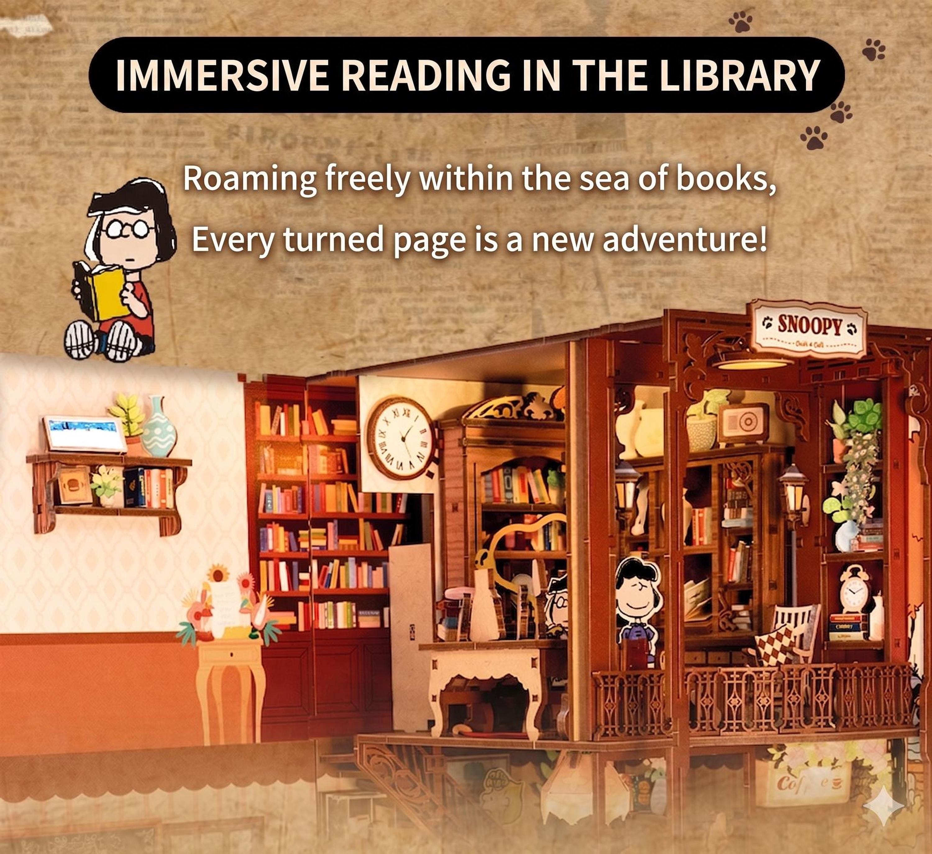 The image is a collage of various scenes from a library, featuring a character reading a book, shelves filled with books, and a clock on the wall.