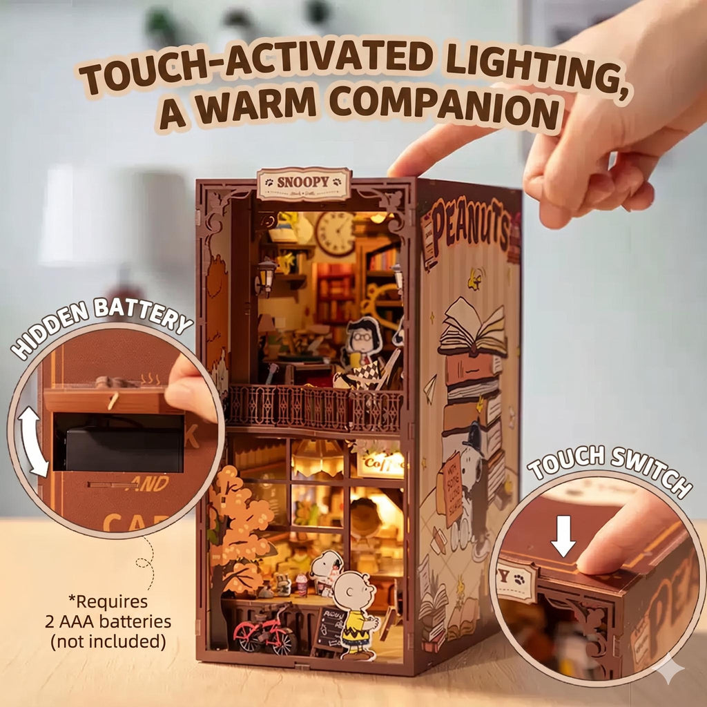 a miniature Peanuts-themed dollhouse with touch-activated lighting, a hidden battery, and a touch switch.