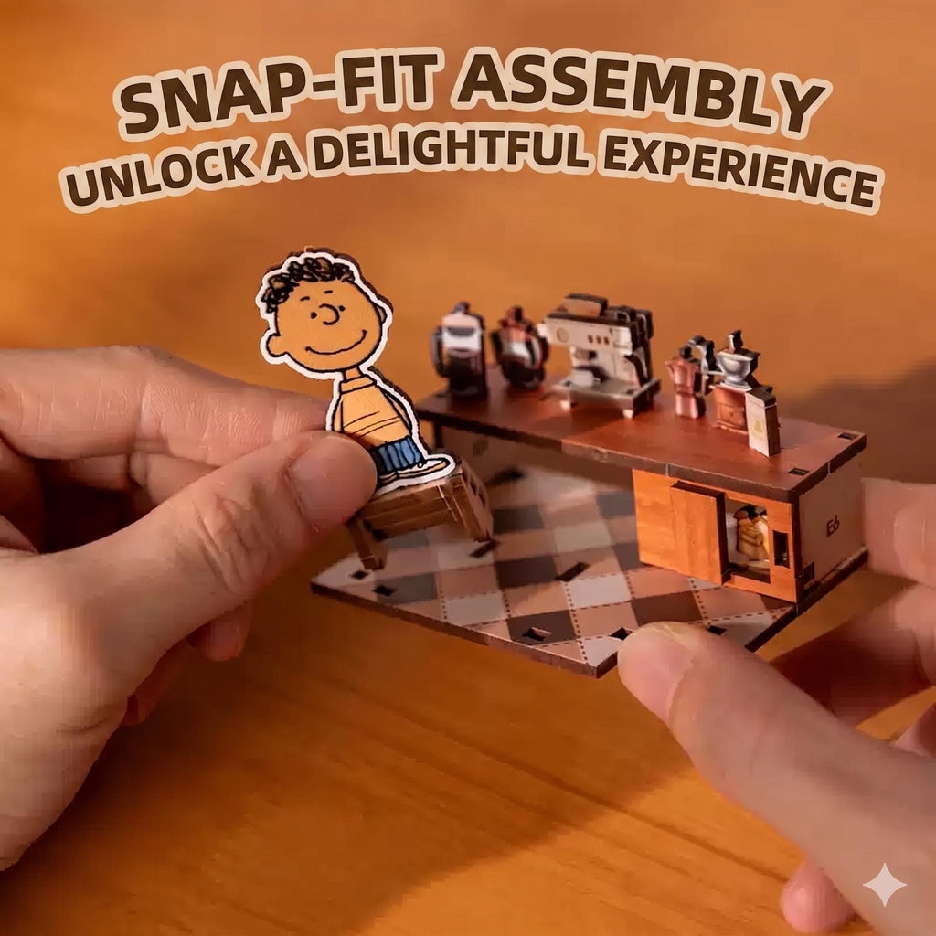 A person's hands are assembling a Snap-Fit model of a kitchen, with a cartoon character on the model.