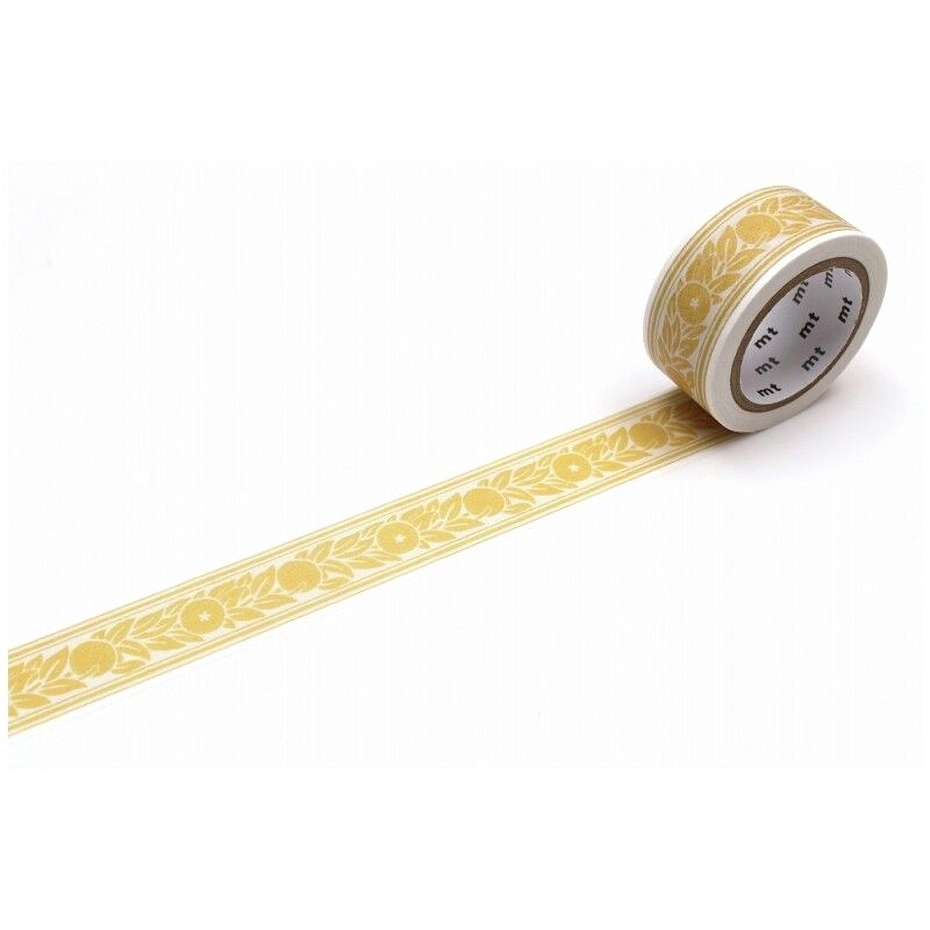 A roll of gold-colored tape with a decorative border pattern is shown against a white background.