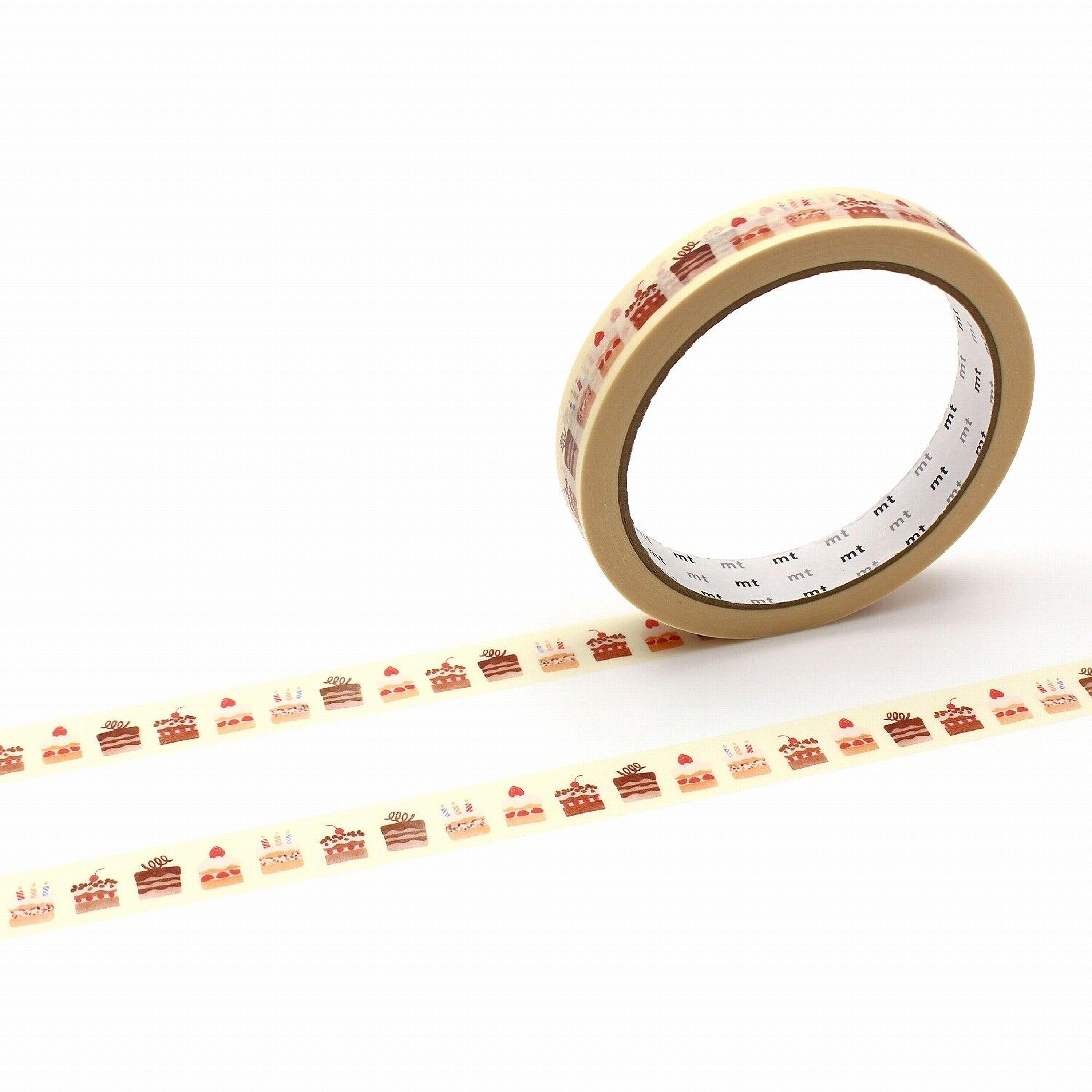a roll of tape with a repeating pattern of cakes on it, placed on a white background.