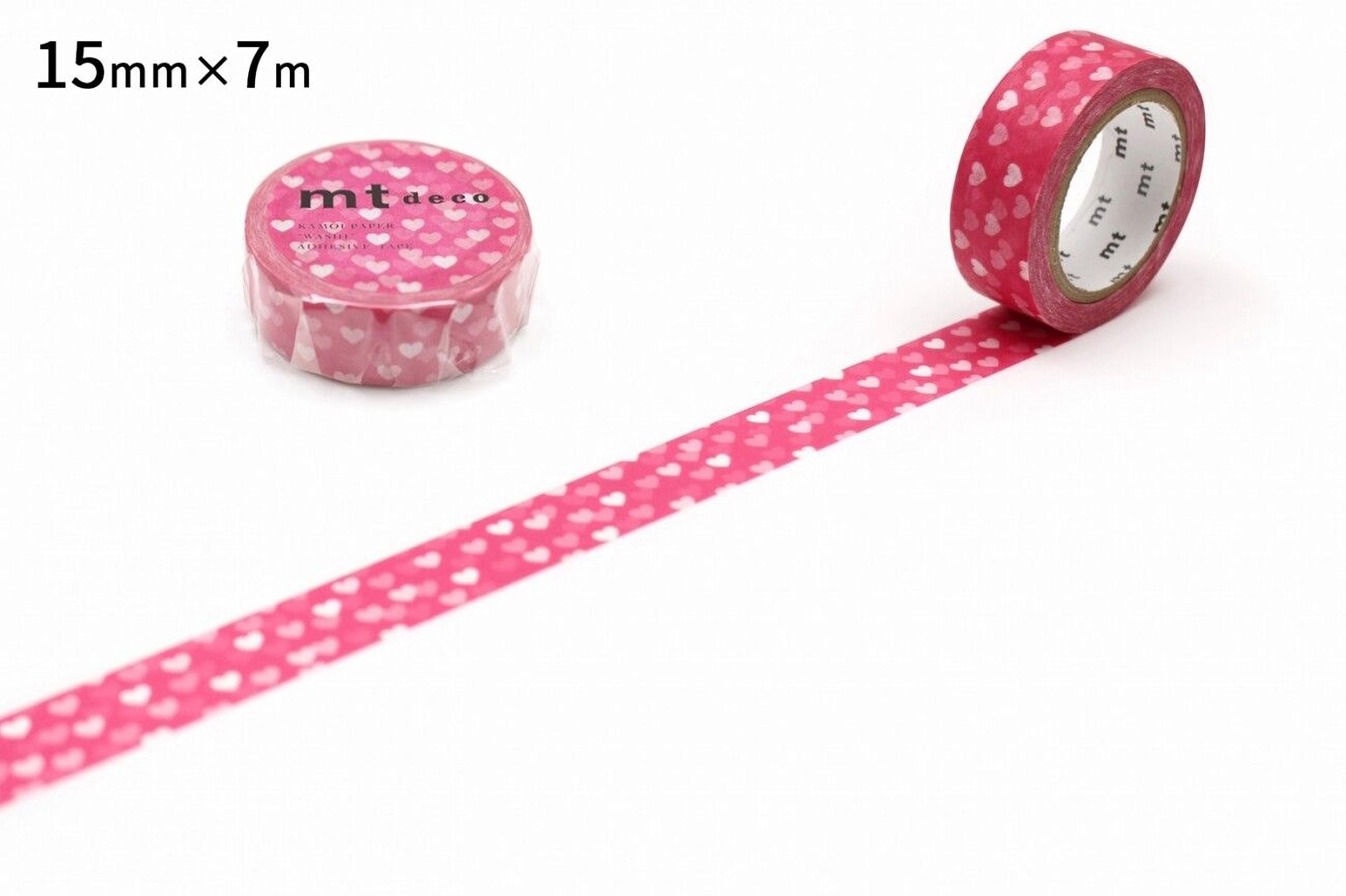 two rolls of pink heart-patterned tape on a white background.