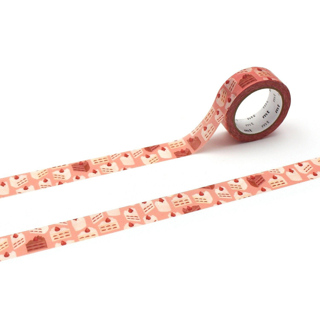 a roll of red and white patterned tape with a repeating pattern of cakes and pastries.