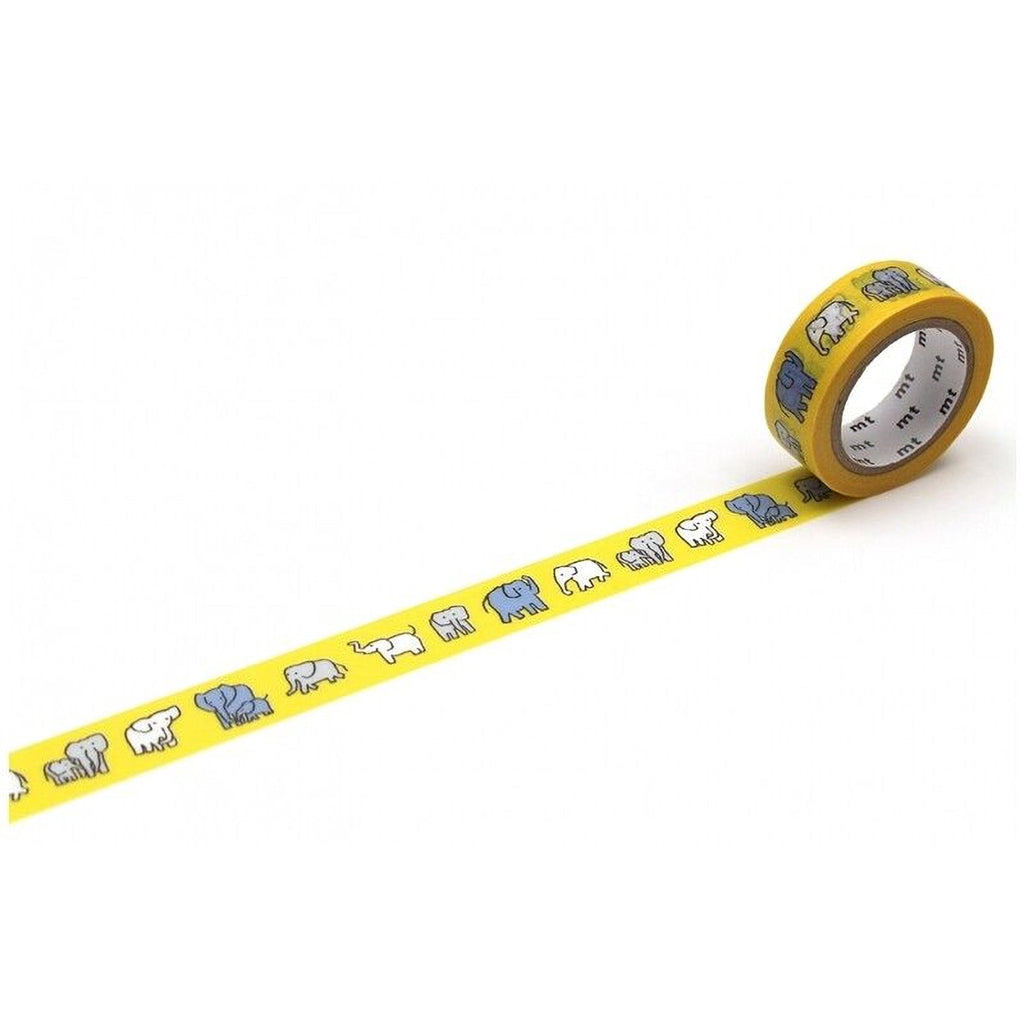 A roll of yellow tape with a repeating pattern of blue elephants on it.