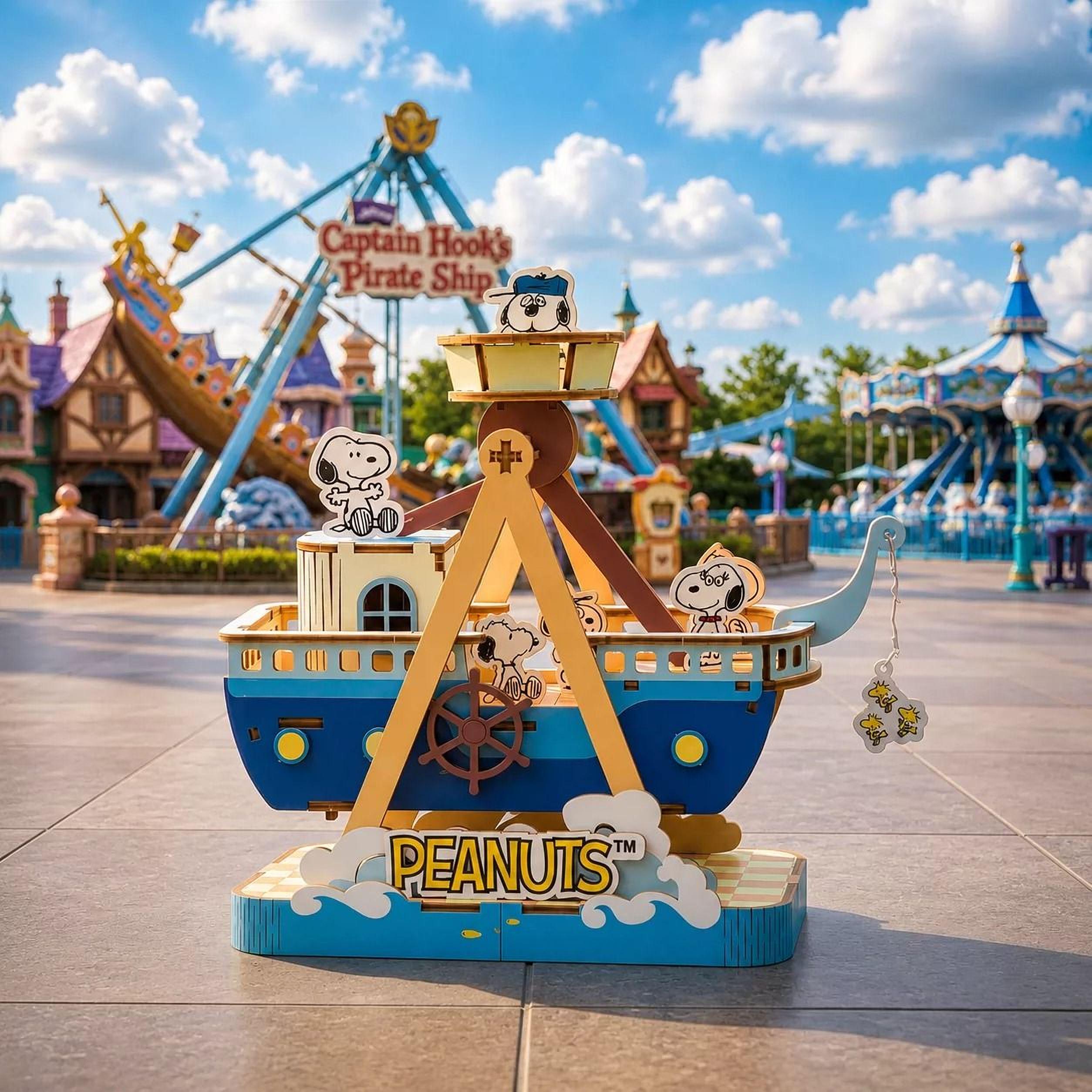 A colorful Peanuts-themed pirate ship display stands in front of a carnival ride, with the iconic character Snoopy on board.