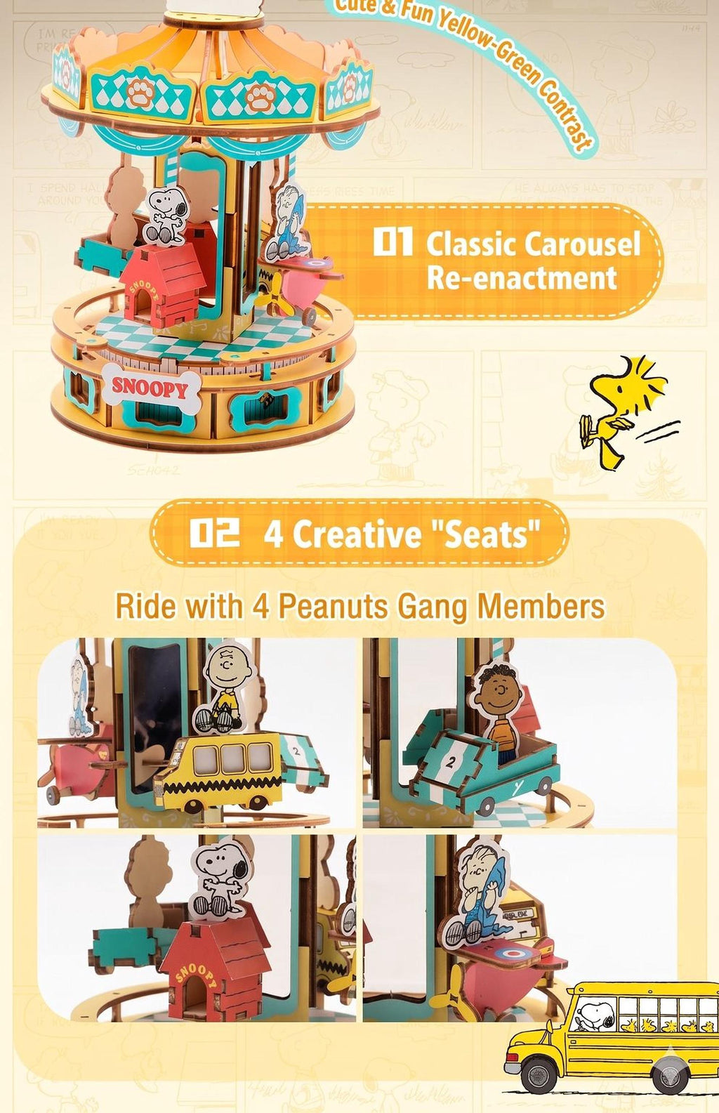 The image is a collage of four images depicting a classic carousel with Peanuts characters, including Snoopy, Woodstock, and Woodstock. The carousel has four creative seats, and there are four Peanuts Gang Members riding it.
