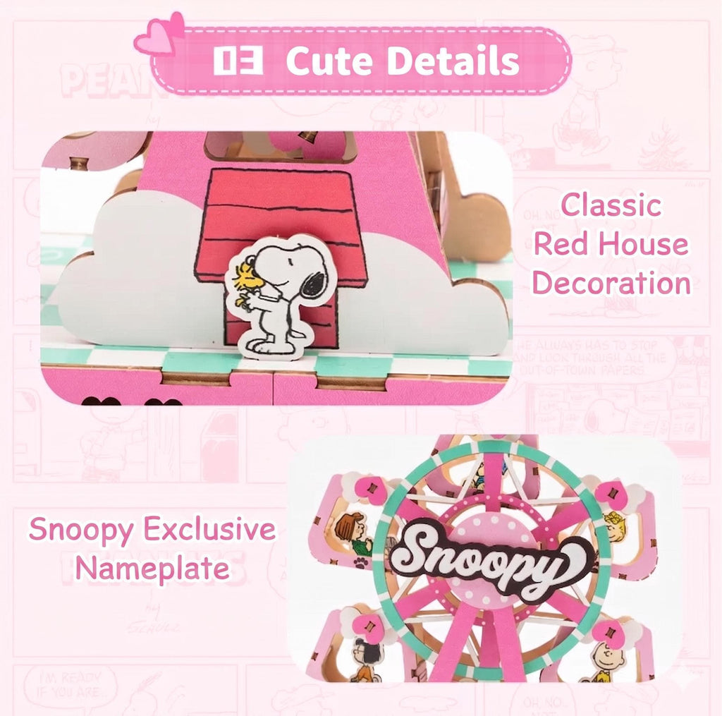 The image is a collage of two images featuring a pink Peanuts themed decoration, including a red house and a Ferris wheel.