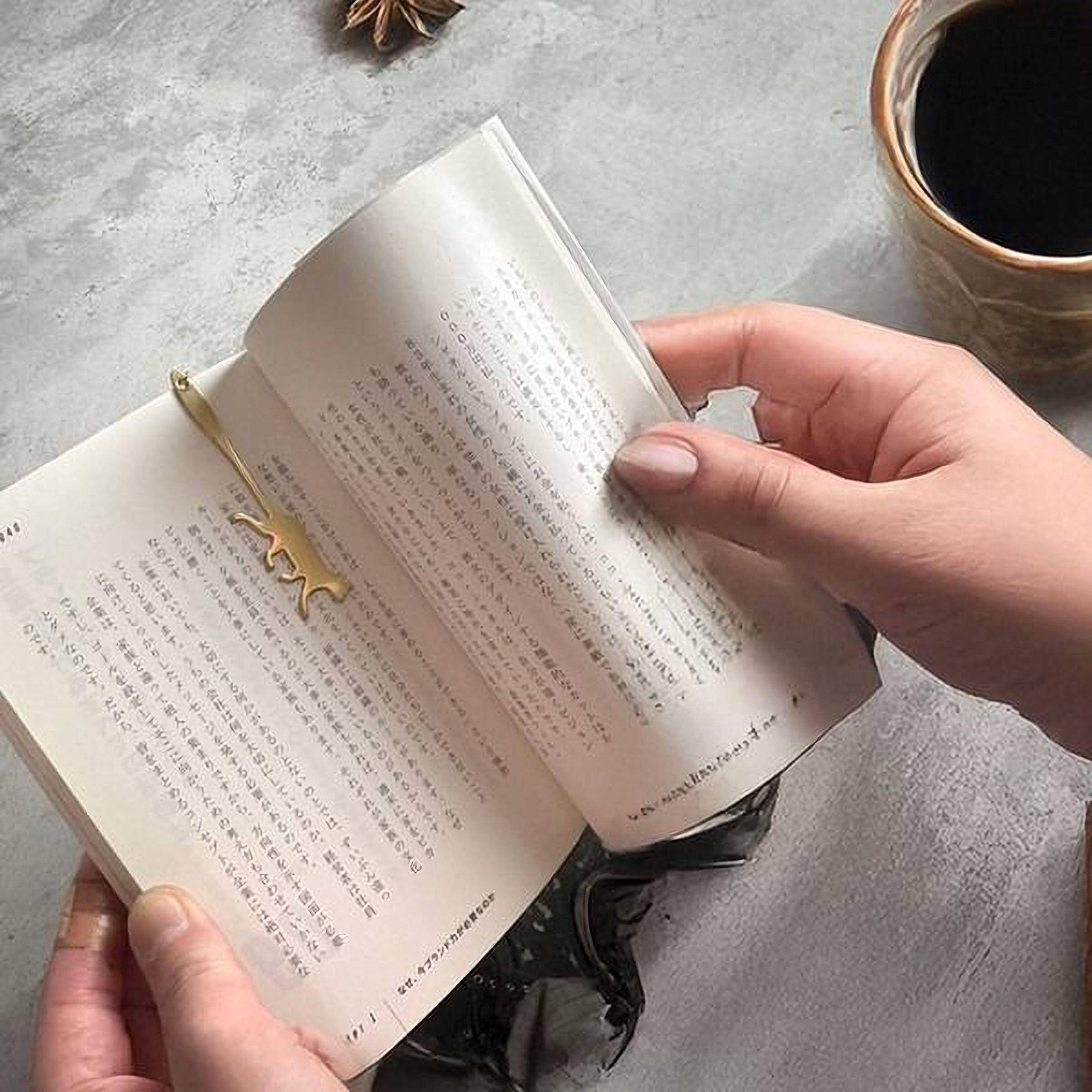 A person's hands holding an open book with a gold bookmark shaped like a cat.