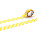 a roll of yellow and white striped tape with a white label, lying on a white surface.