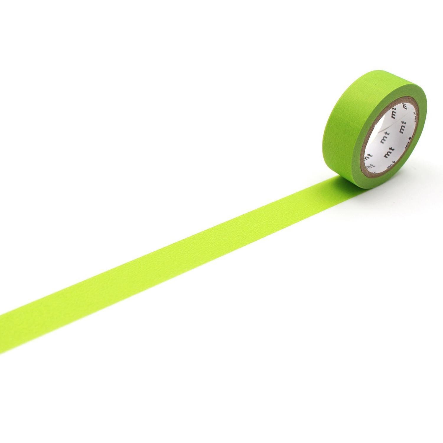 A roll of green tape with a white label is placed on a white surface, with a long green line extending from the tape.