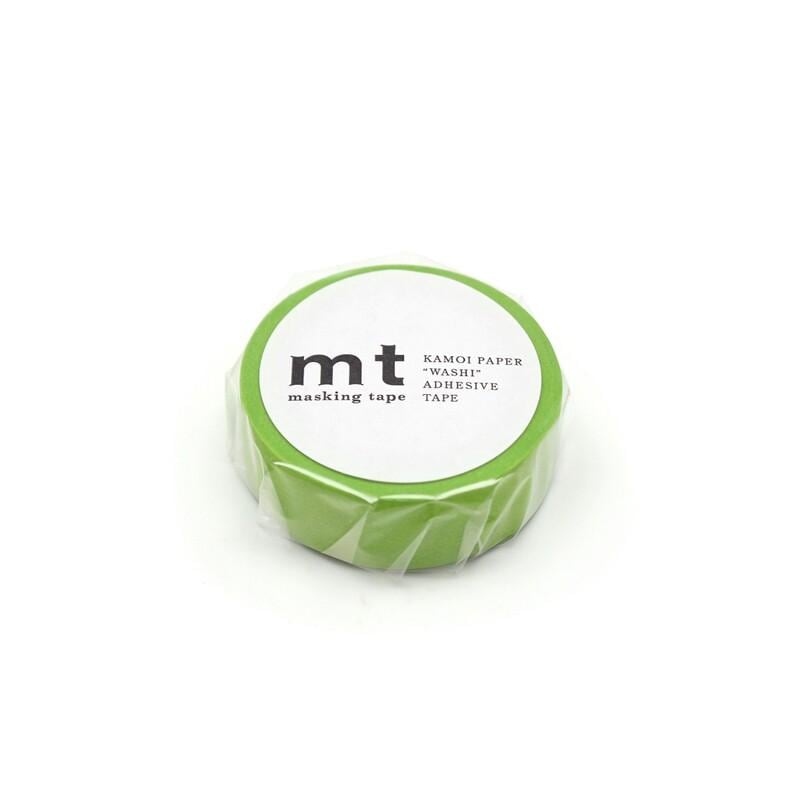A roll of green masking tape with a white label that reads "kt masking tape kamoi paper washi adhesive tape".