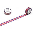 a roll of purple and red patterned tape with a repeating design of cartoon-like figures, and a round container of the same tape.