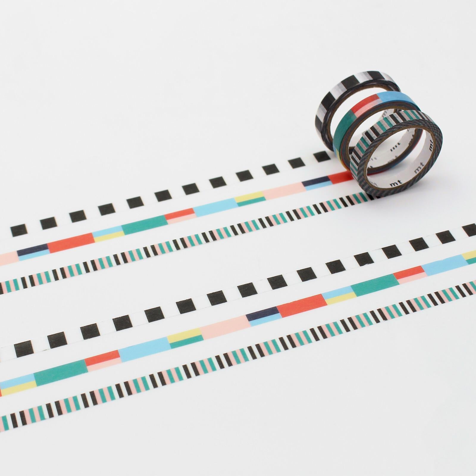 a roll of colorful patterned tape with a variety of stripes and designs, including black and white stripes, geometric shapes, and a mix of pastel colors.