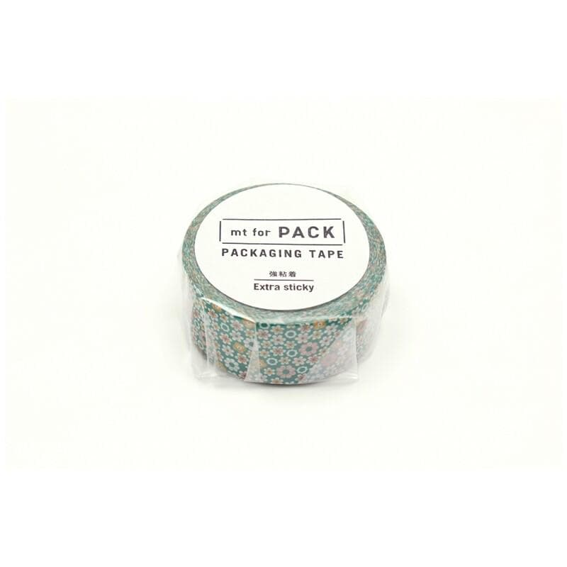 A roll of patterned tape labeled "mt for PACK" and "PACKAGING TAPE" is shown against a white background.