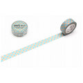 a roll of blue and orange checkered tape and a round container with the same checkered pattern.