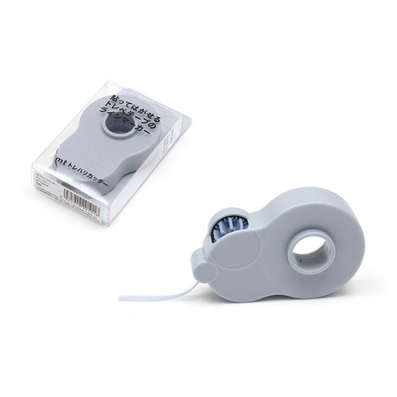 a gray tape dispenser and its packaging, both placed on a white background.