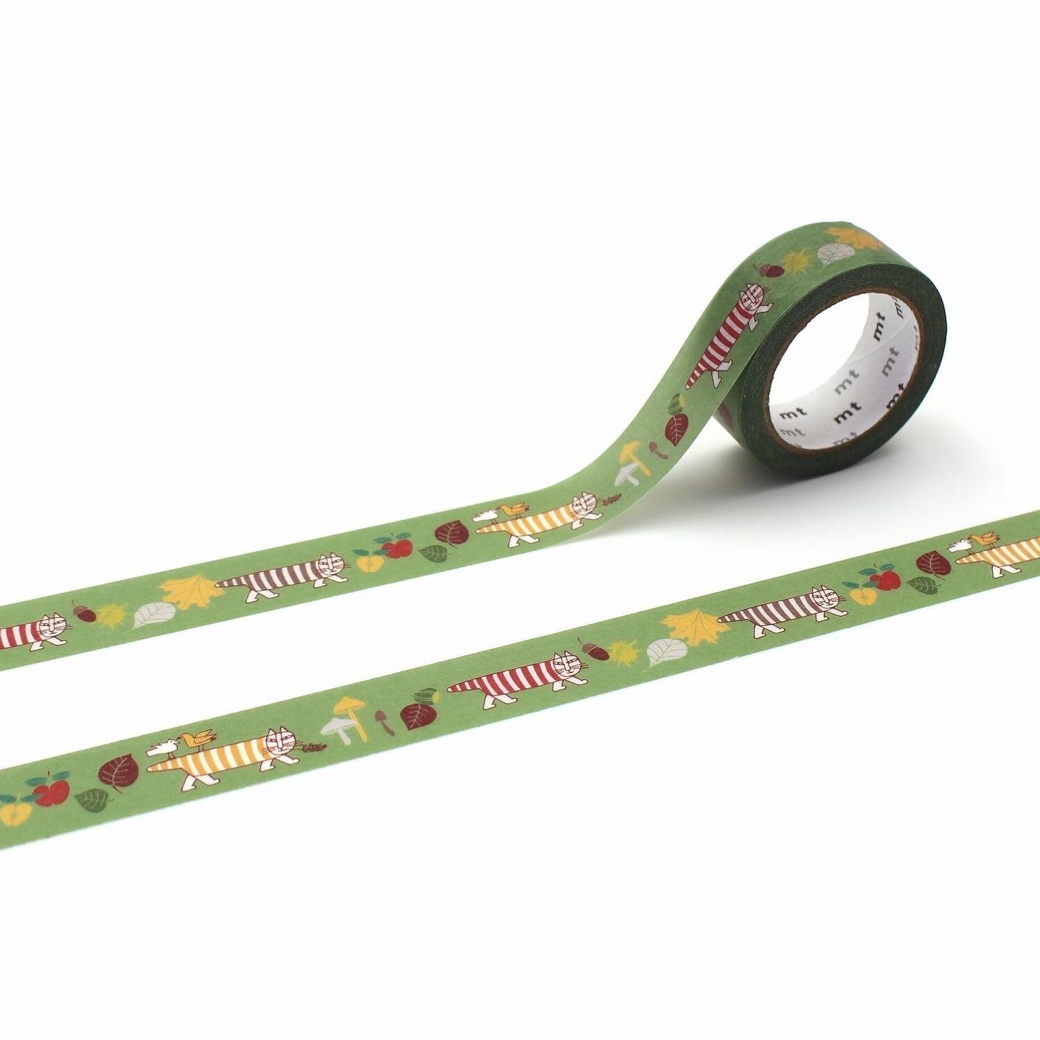 a roll of green tape with a pattern of various animals, including zebras, birds, and other wildlife, printed on it.