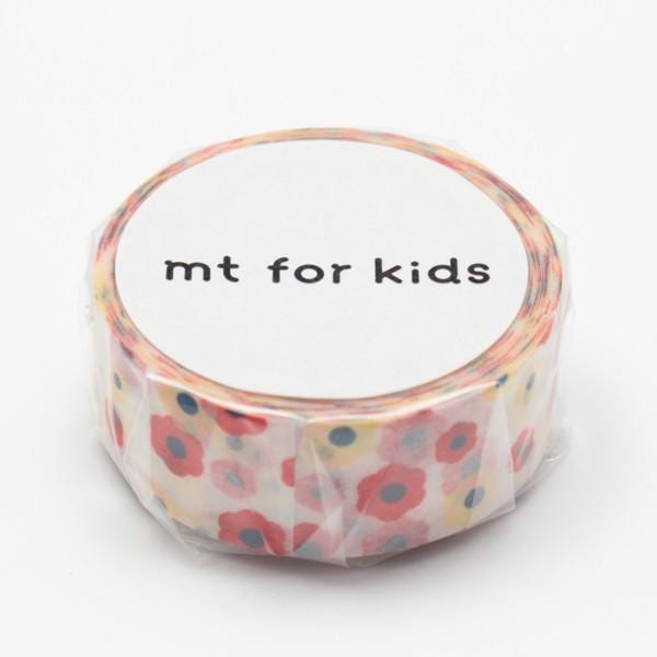 A roll of colorful floral patterned tape with the text "mt for kids" printed on it.