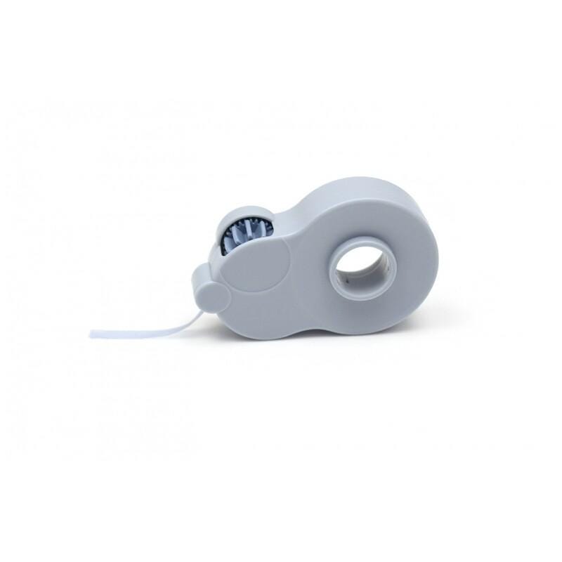 A gray tape dispenser with a blue spout is shown against a white background.