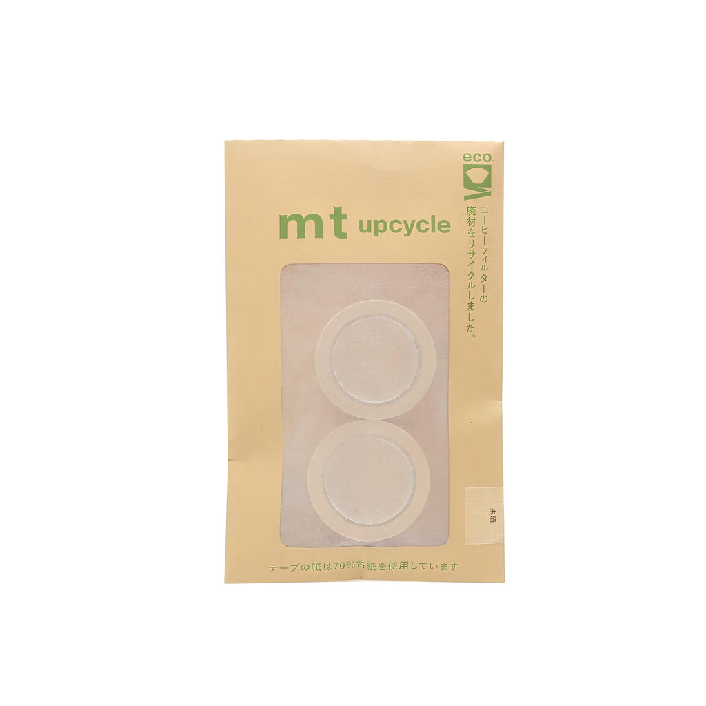 a package of two circular objects, which appear to be made of a material that resembles paper or cardboard. The packaging has a green label with text and a logo, and the objects are placed inside the package.