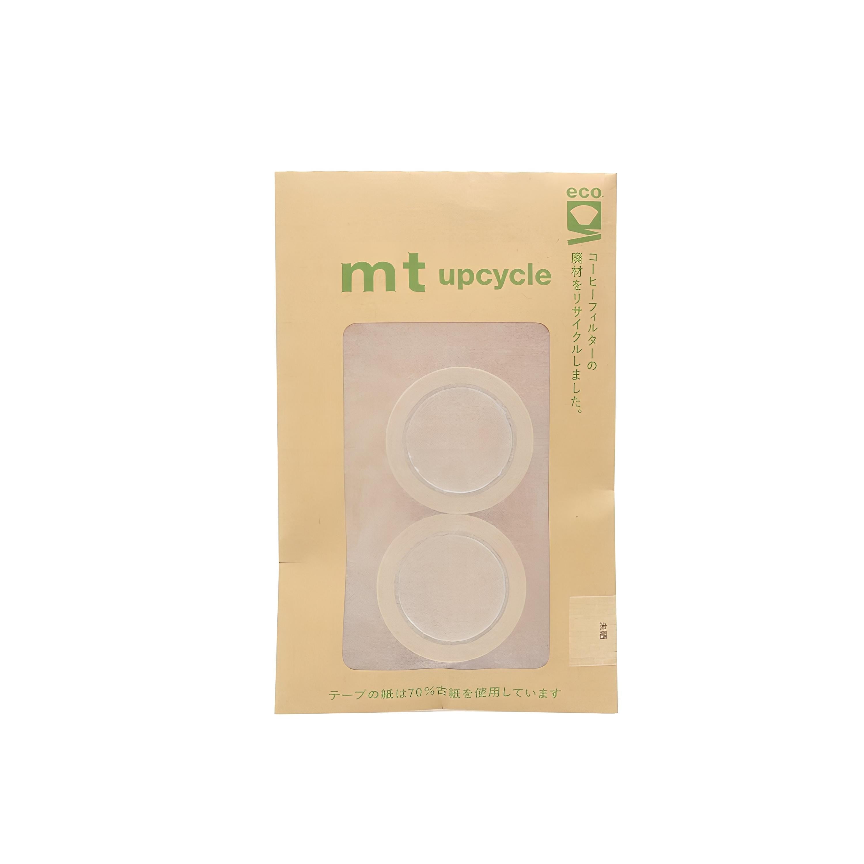 a package of two circular objects, which appear to be made of a material that resembles paper or cardboard. The packaging has a green label with text and a logo, and the objects are placed inside the package.