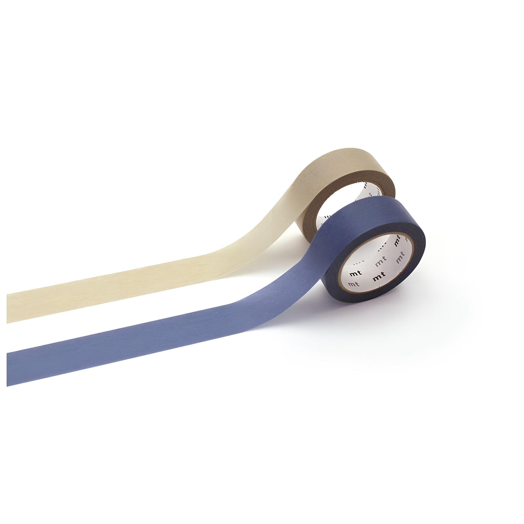 two rolls of blue and brown tape against a white background.