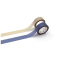 two rolls of blue and brown tape against a white background.