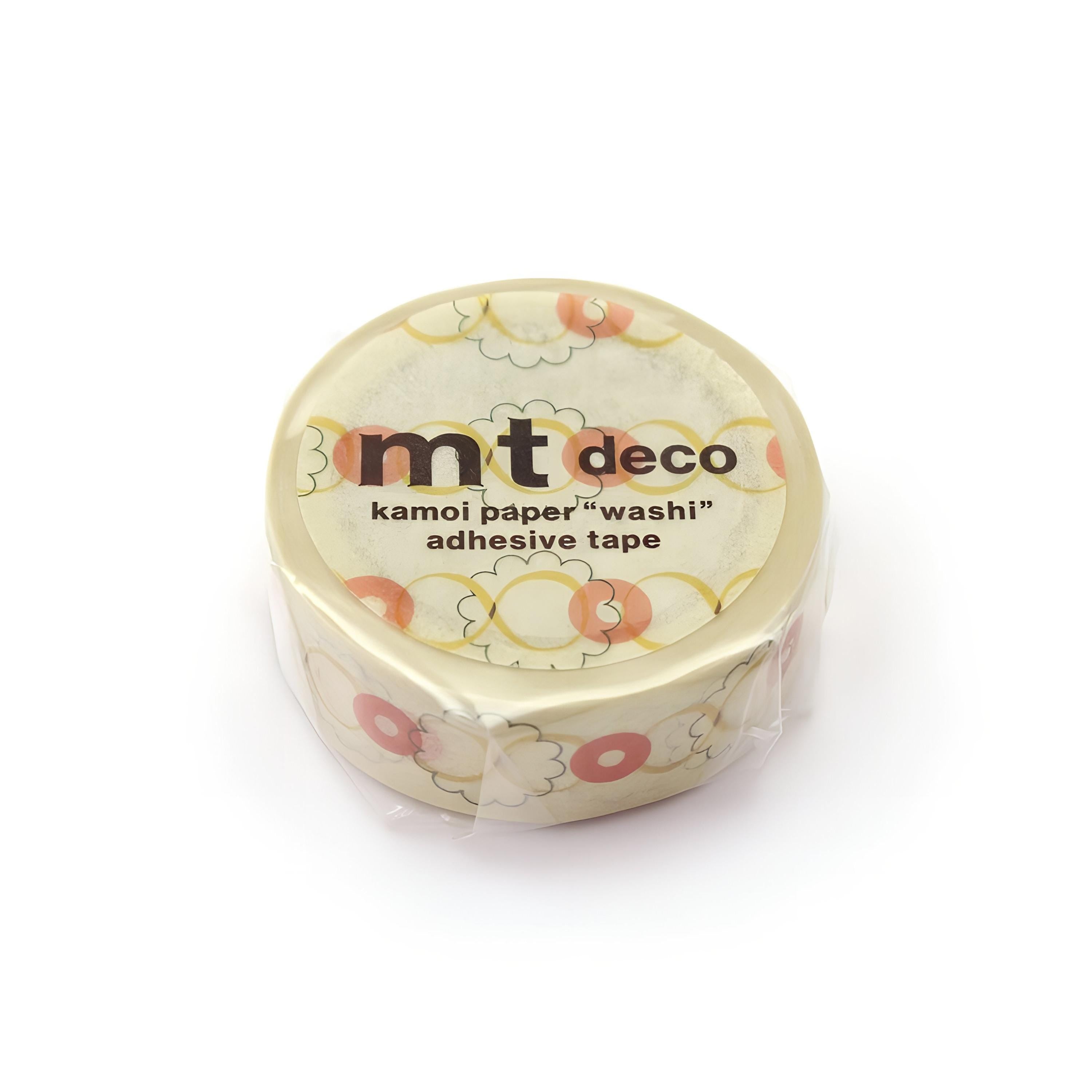 A round, white, and beige roll of kamoi paper washi tape with a floral pattern.