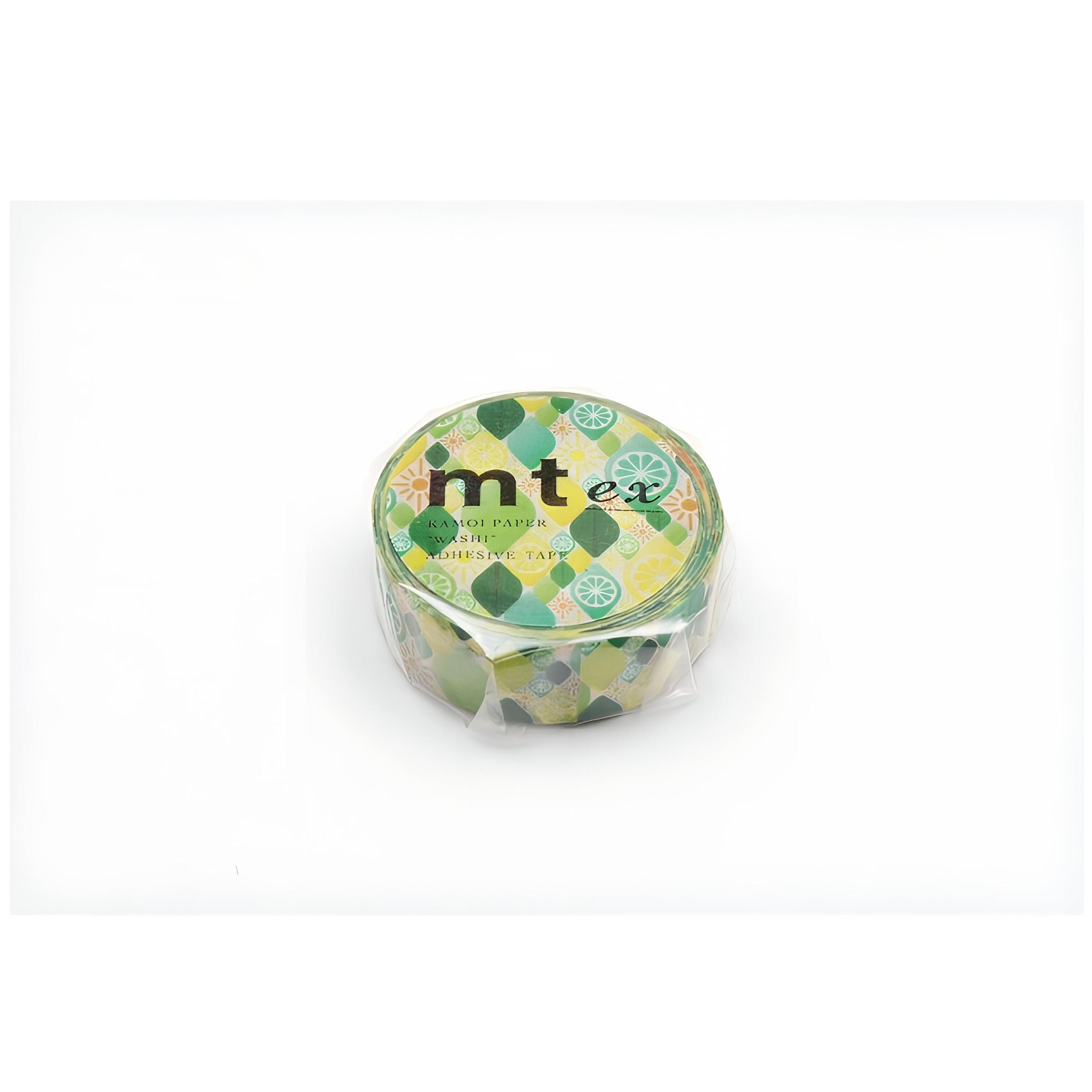 A round, green and yellow patterned tape roll with the text "m.t.e.x" printed on it.