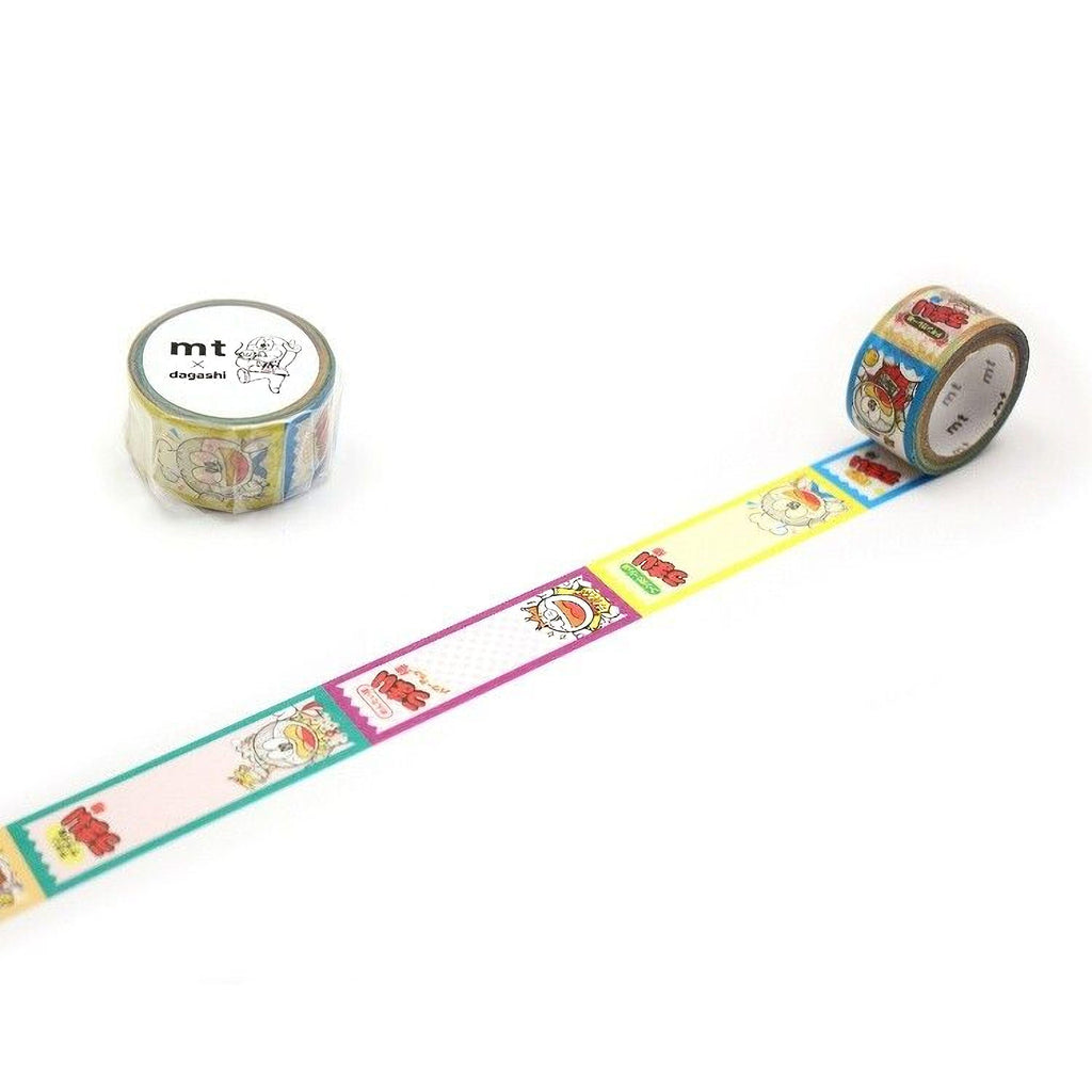 a roll of colorful washi tape with various patterns and designs, including a character and a pattern of colorful shapes.