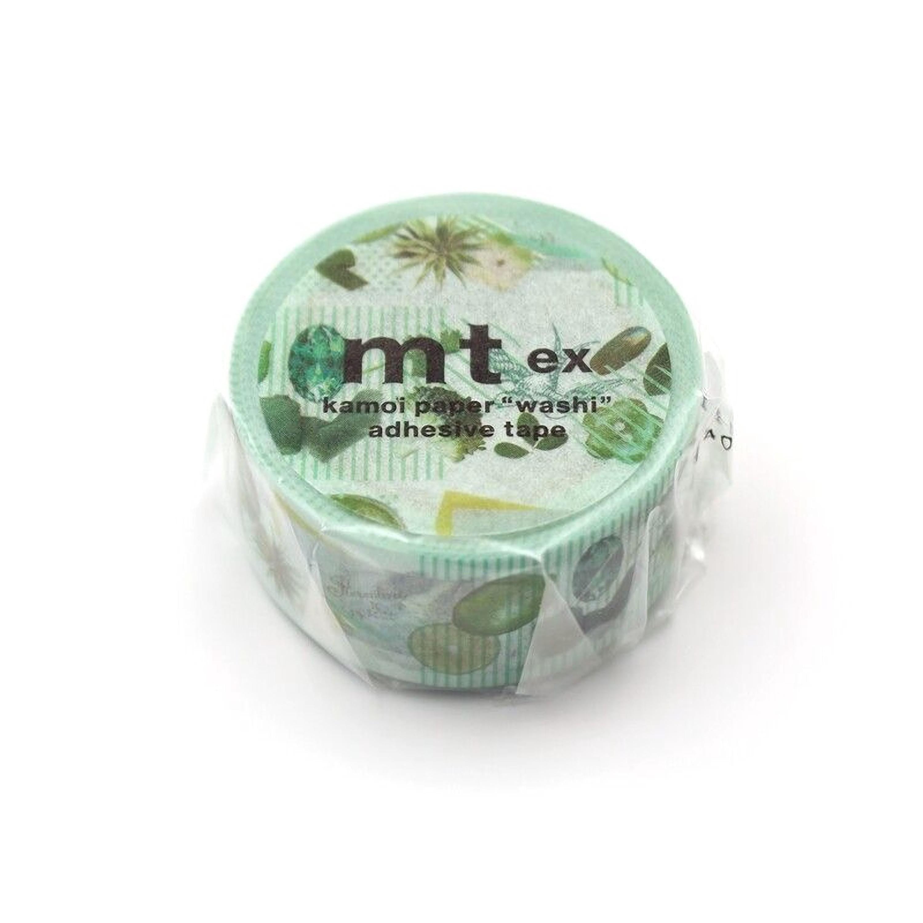 A roll of green and white patterned adhesive tape with the text "mtex kamori pape" printed on it.