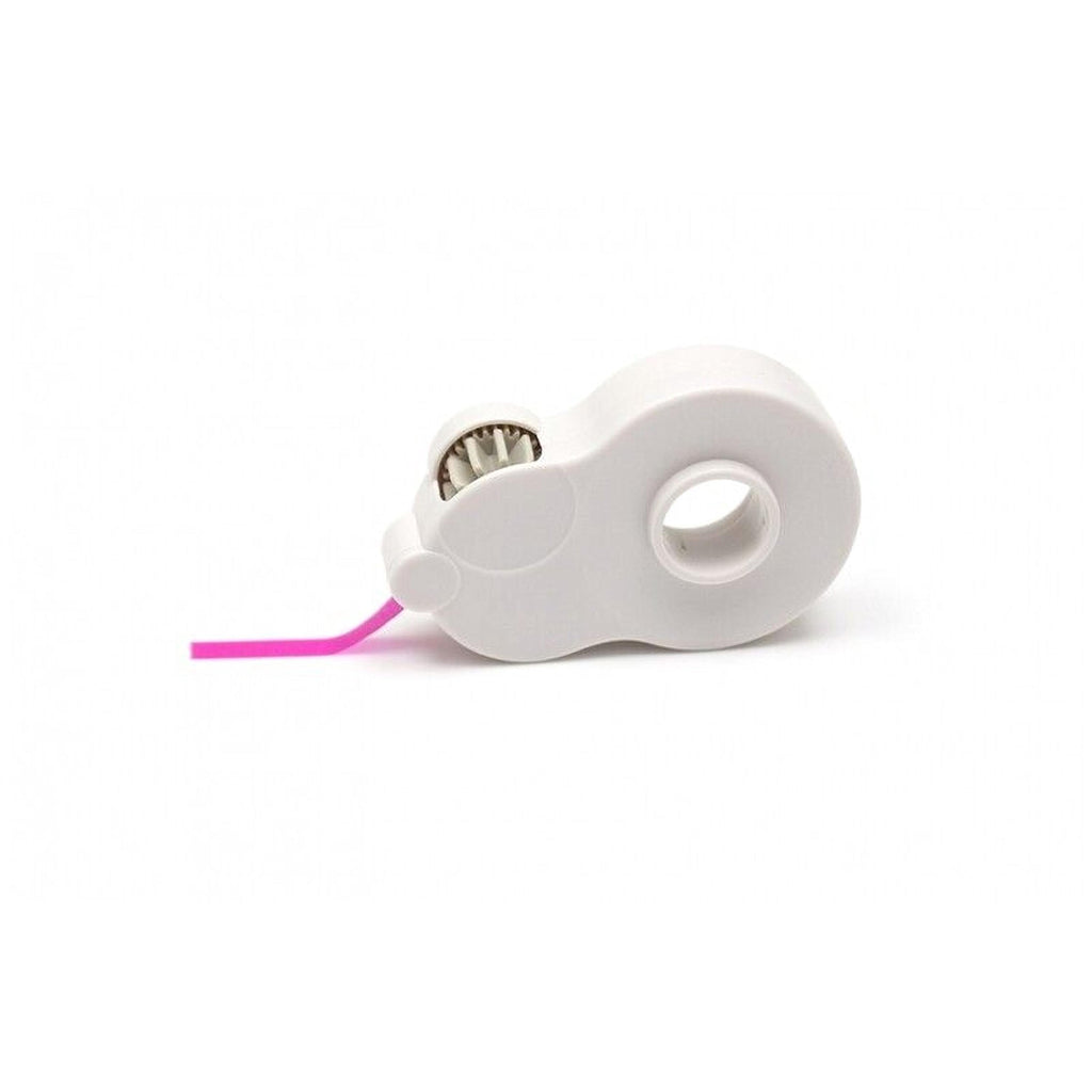 A white plastic object with a pink handle and a small hole on the side, sitting on a white background.