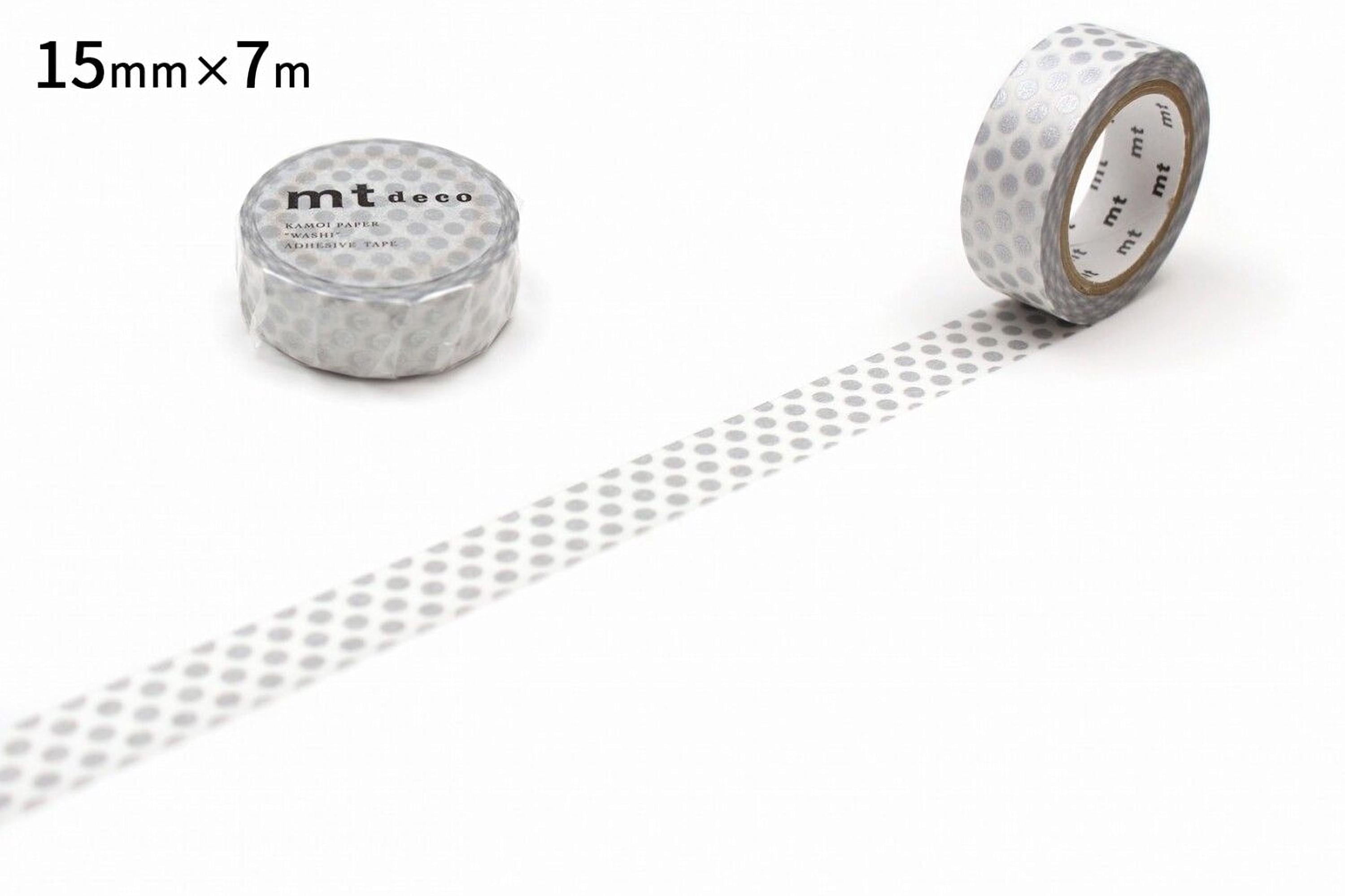 two rolls of gray and white polka dot tape on a white background.