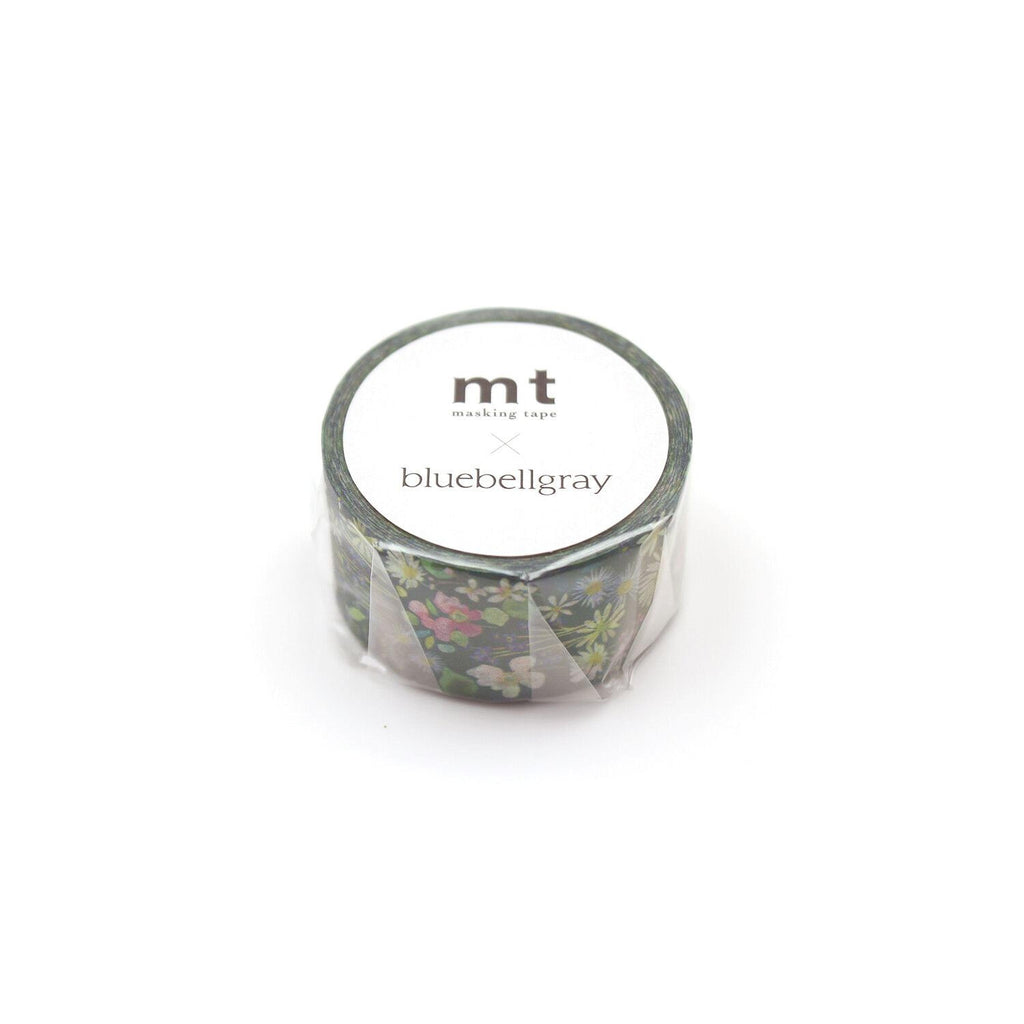 A cylindrical container with a floral pattern and the text "mt bluebellgray" printed on it.