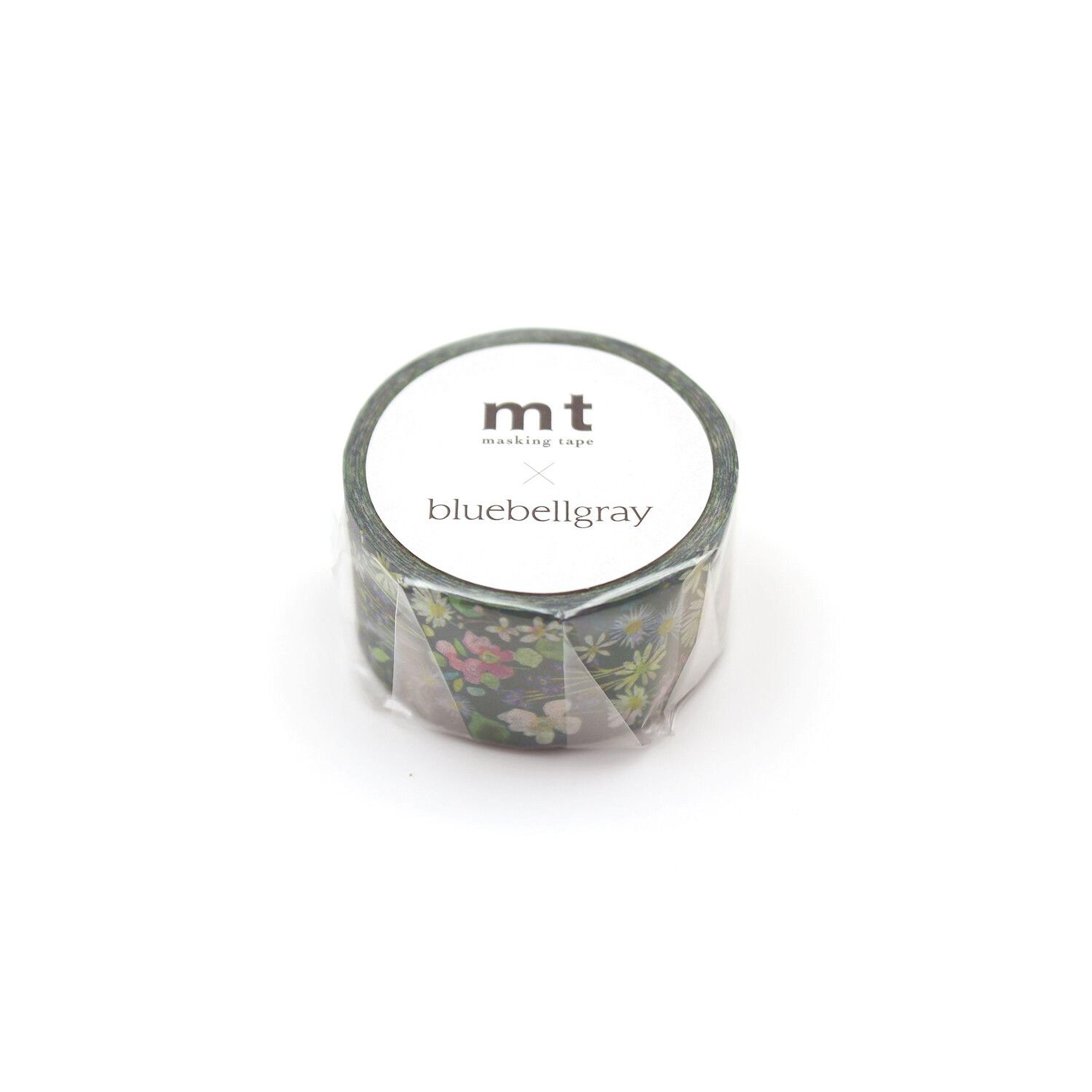 A cylindrical container with a floral pattern and the text "mt bluebellgray" printed on it.