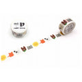 a roll of patterned tape with various animal and geometric designs, including a cat, sun, and other colorful illustrations.