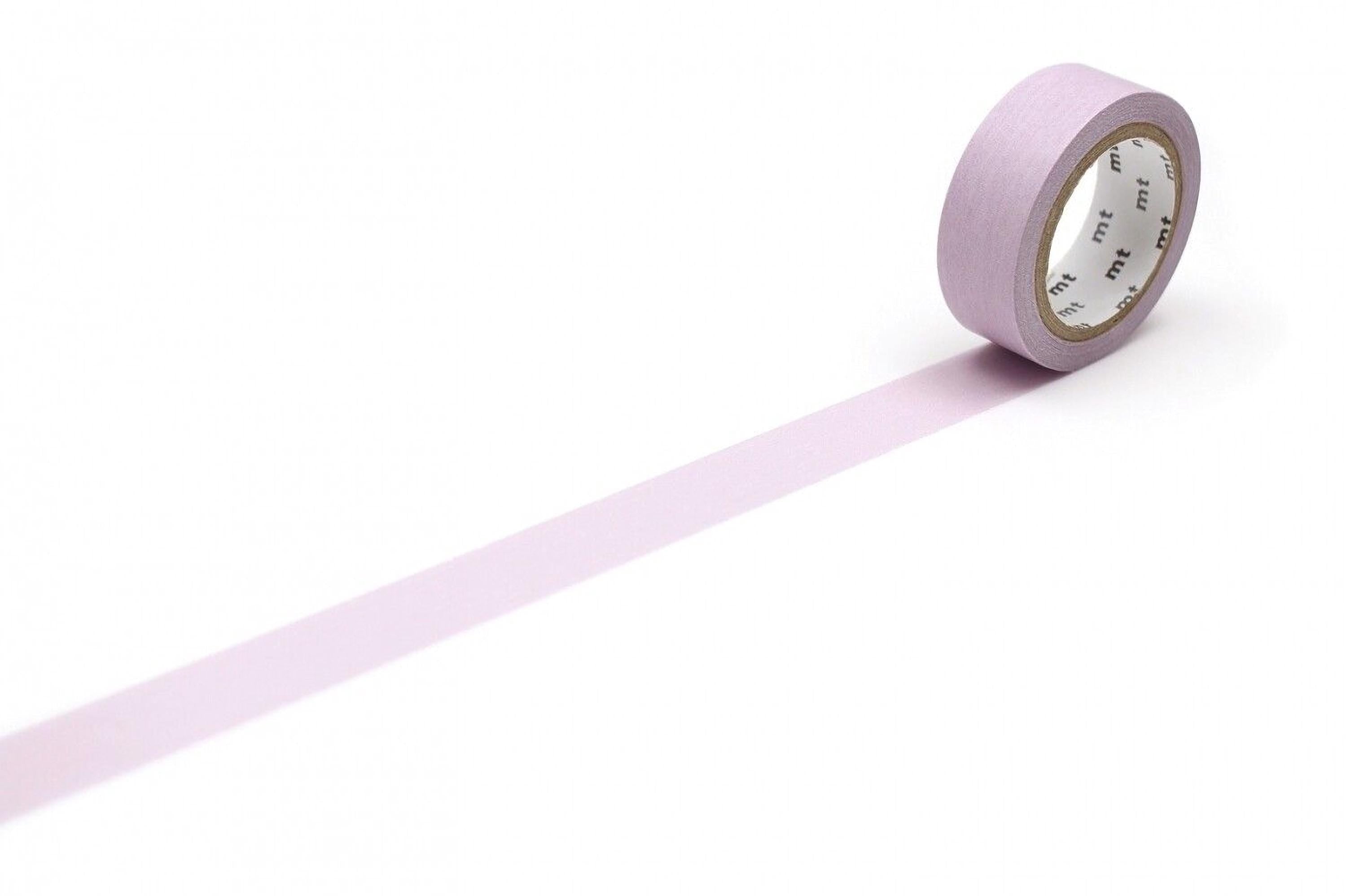 A roll of purple washi tape is lying on a white background, with a single pink stripe visible on the tape.