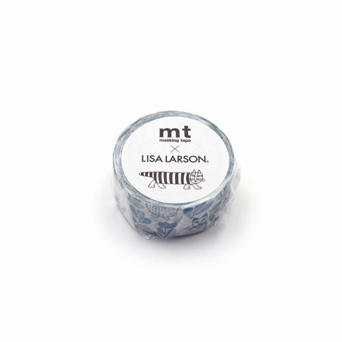A roll of masking tape with a label that says "Lisa Larson" and features a cat illustration.