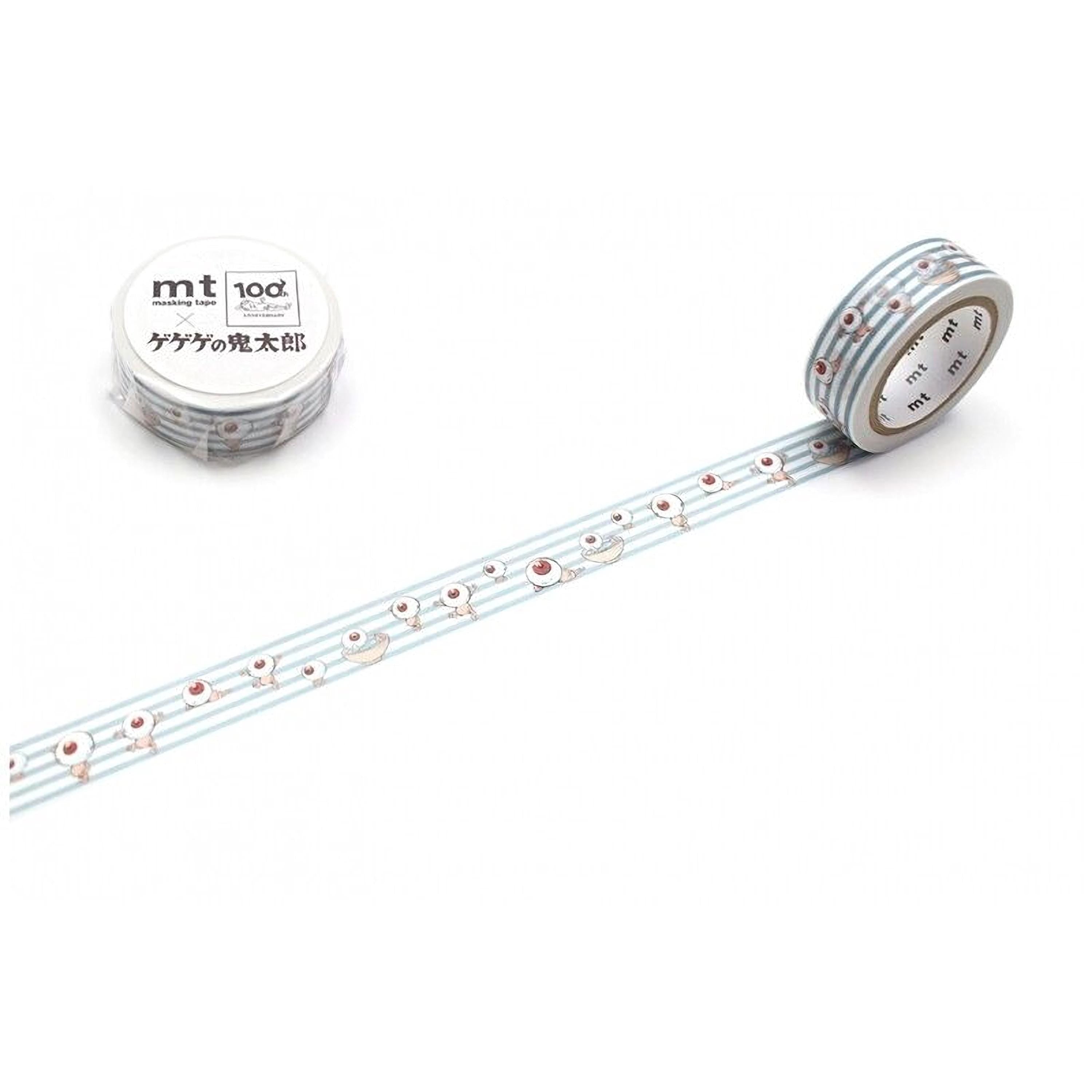 a roll of blue and white striped tape with a pattern of small circles or dots on it, and a round container of the same tape.
