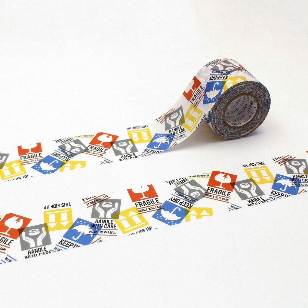 a roll of clear packing tape with a repeating pattern of various symbols and text, including the words "FRAGILE", "HANDLE WITH CARE", and "KEEP UP".
