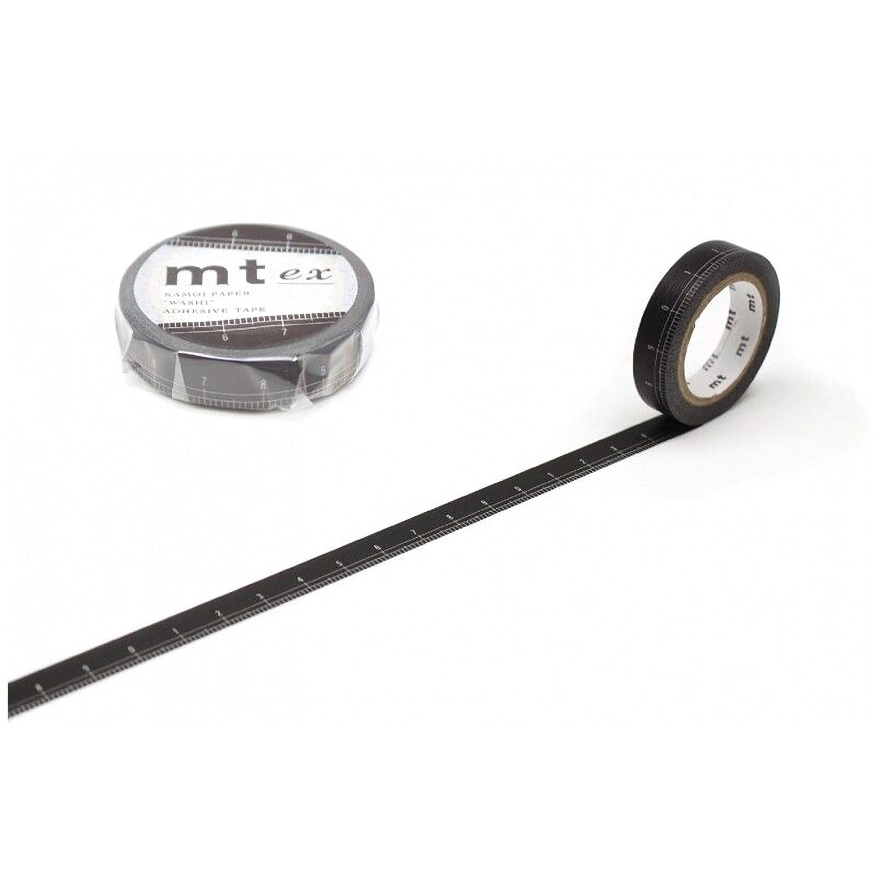 a roll of black tape with a ruler on it, placed on a white background.