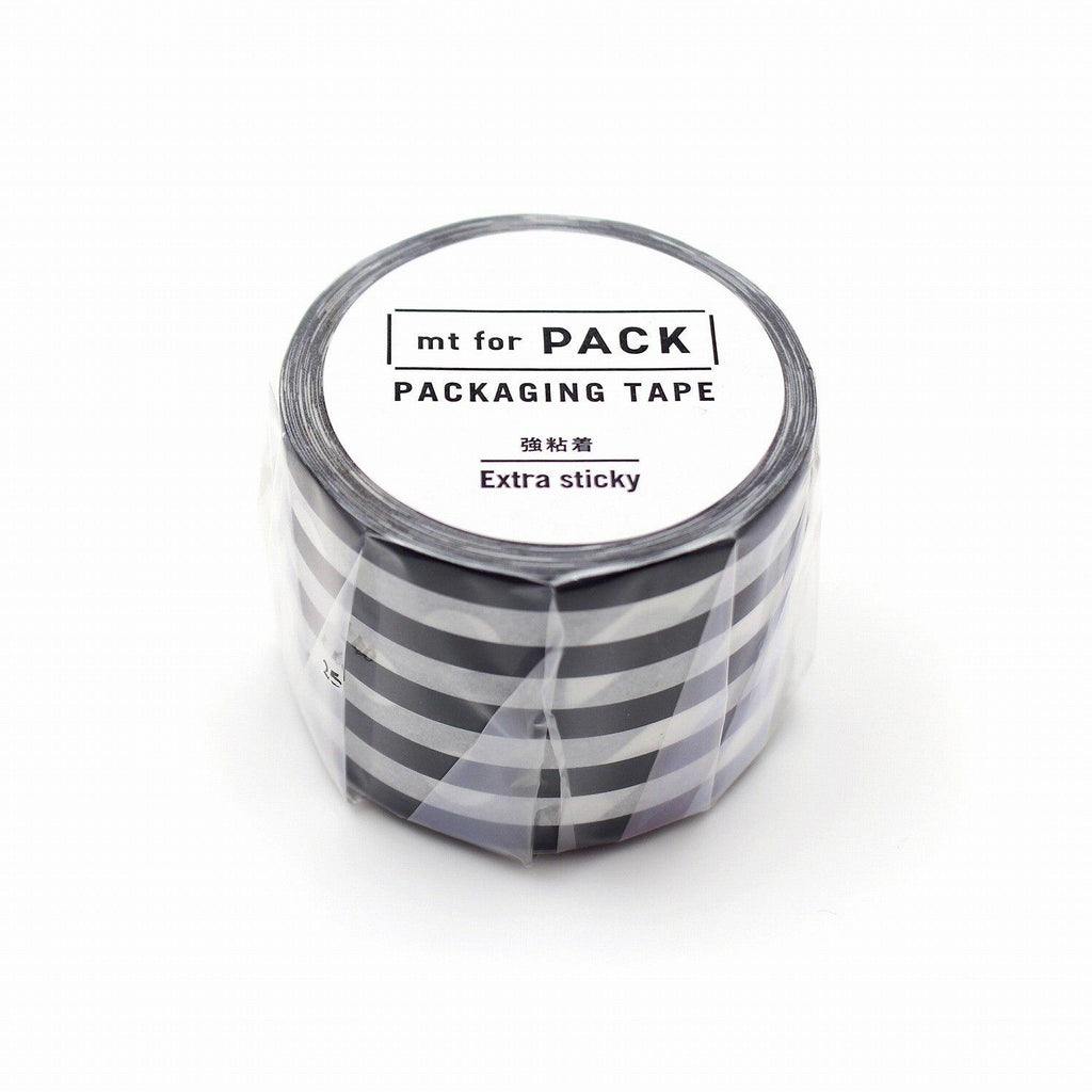 A roll of black and white packaging tape with the text "mt for PACK PACKAGING TAPE Extra sticky" printed on it.