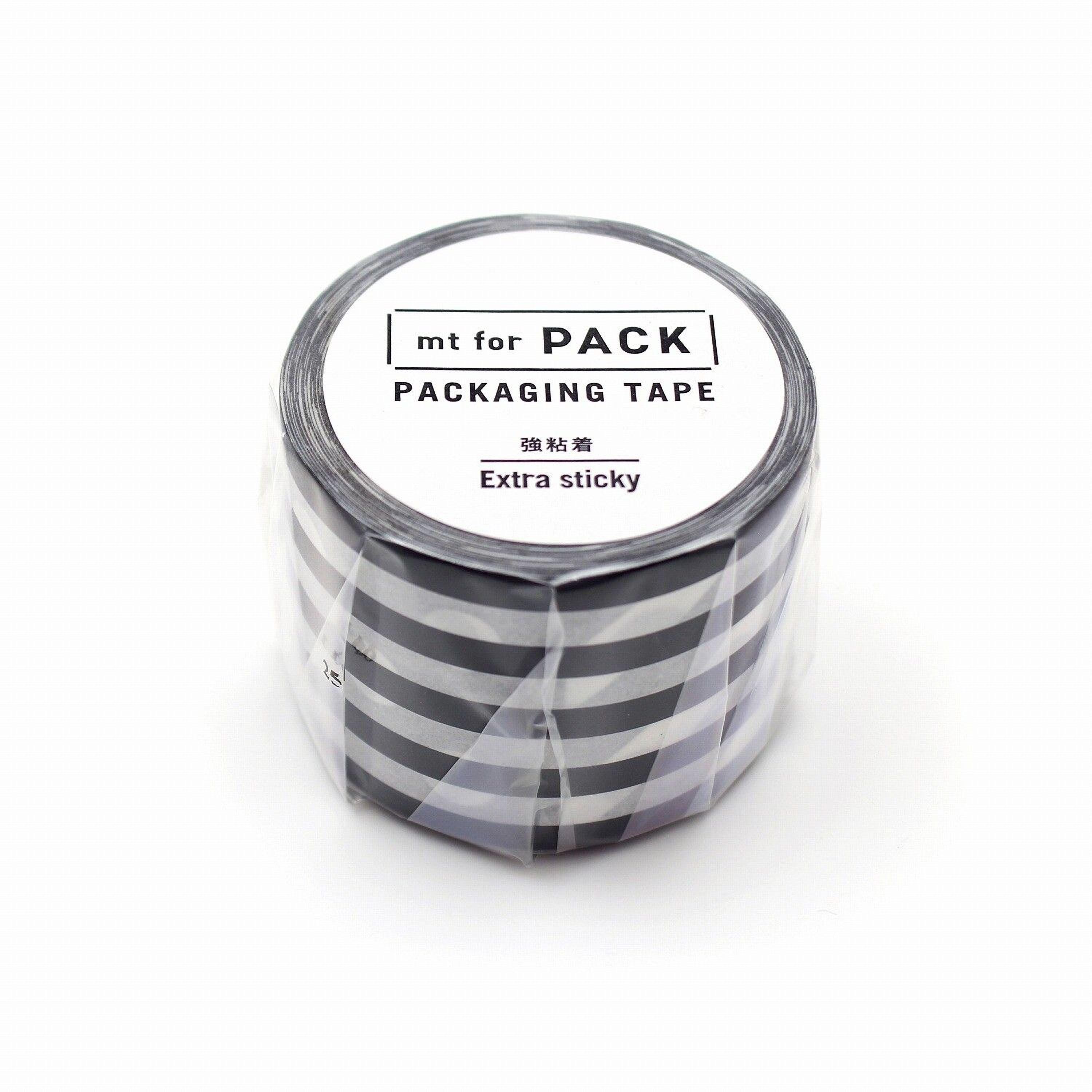A roll of black and white packaging tape with the text "mt for PACK PACKAGING TAPE Extra sticky" printed on it.