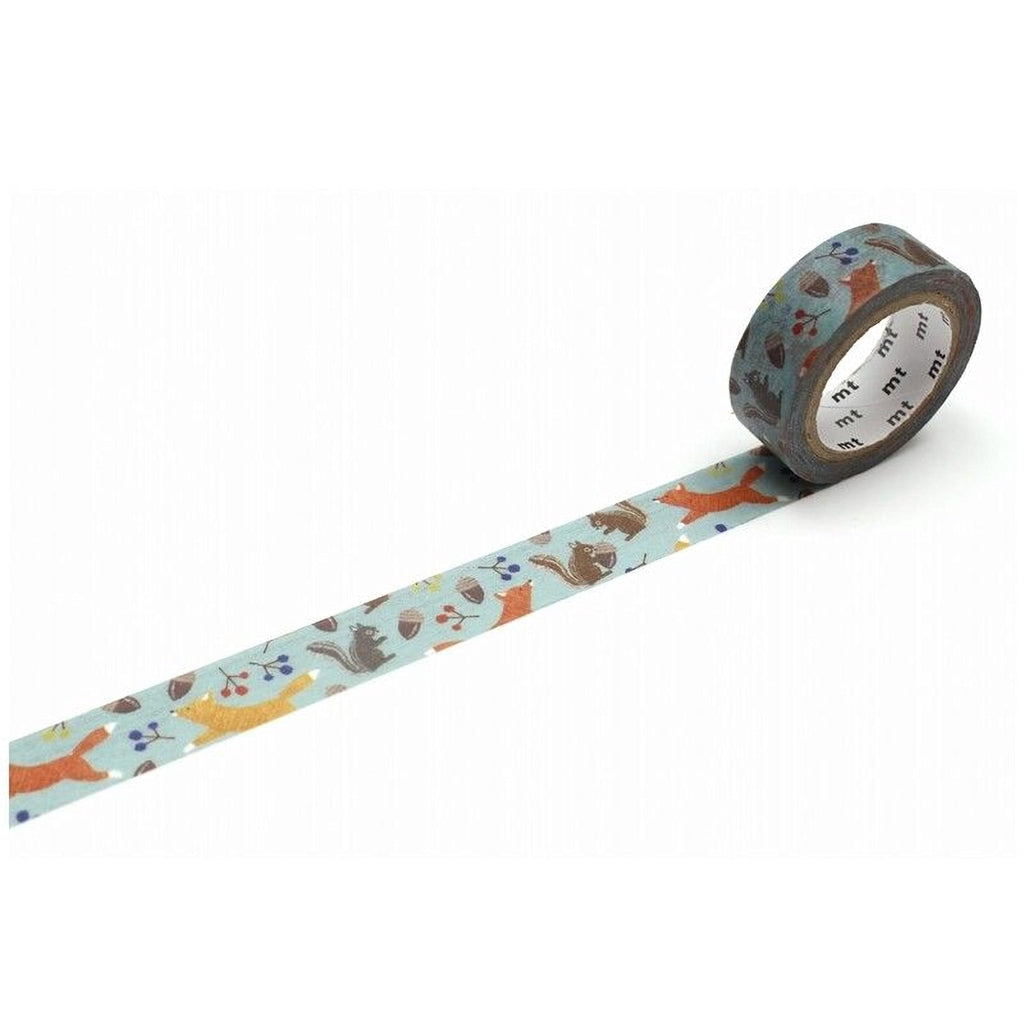 A roll of patterned tape with a repeating design of animals, such as squirrels and birds, on a light blue background.