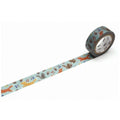 A roll of patterned tape with a repeating design of animals, such as squirrels and birds, on a light blue background.