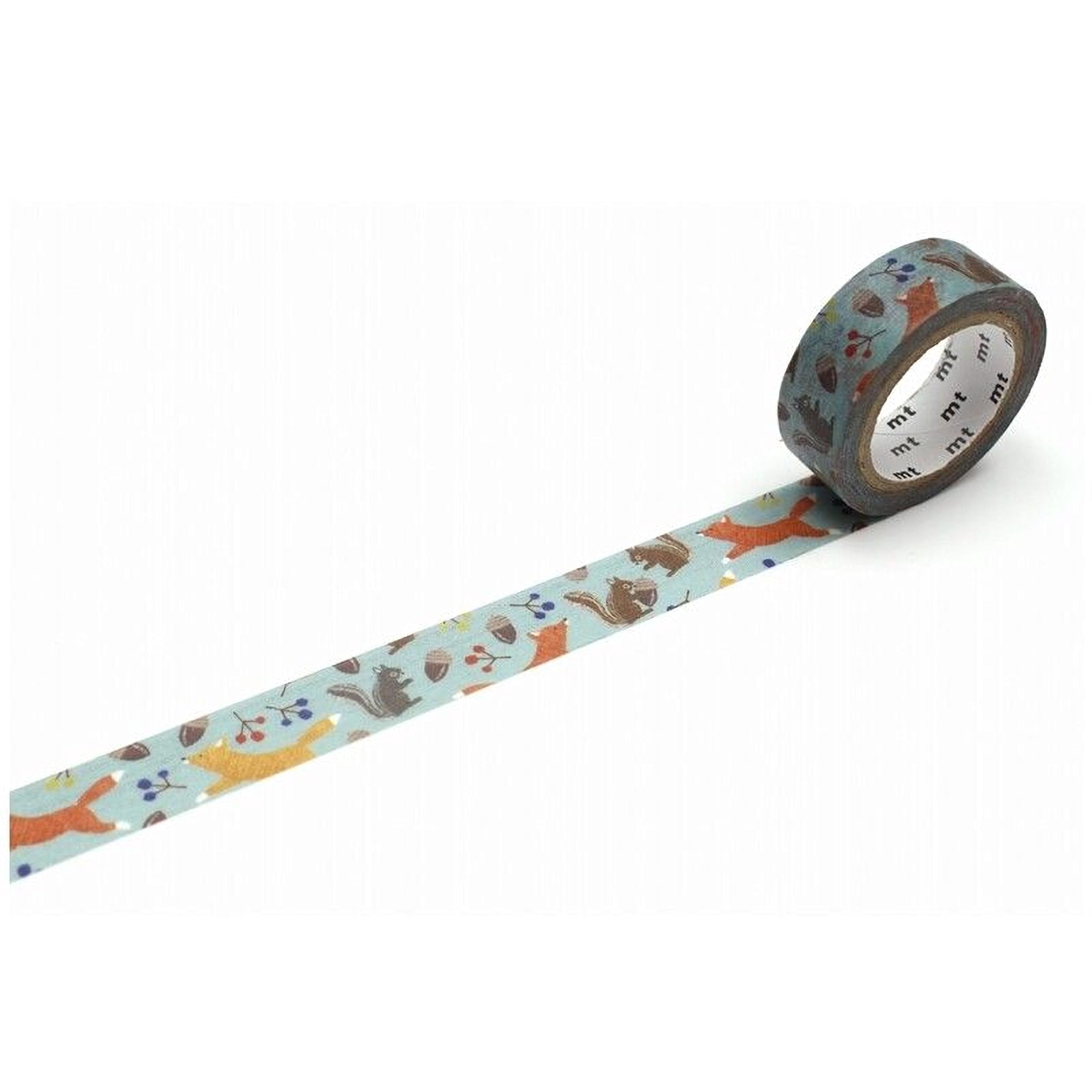 A roll of patterned tape with a repeating design of animals, such as squirrels and birds, on a light blue background.