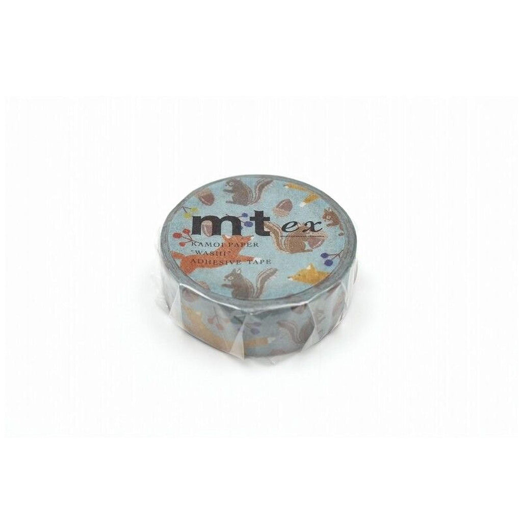 A round, blue, and white tape dispenser with a pattern of squirrels on it.