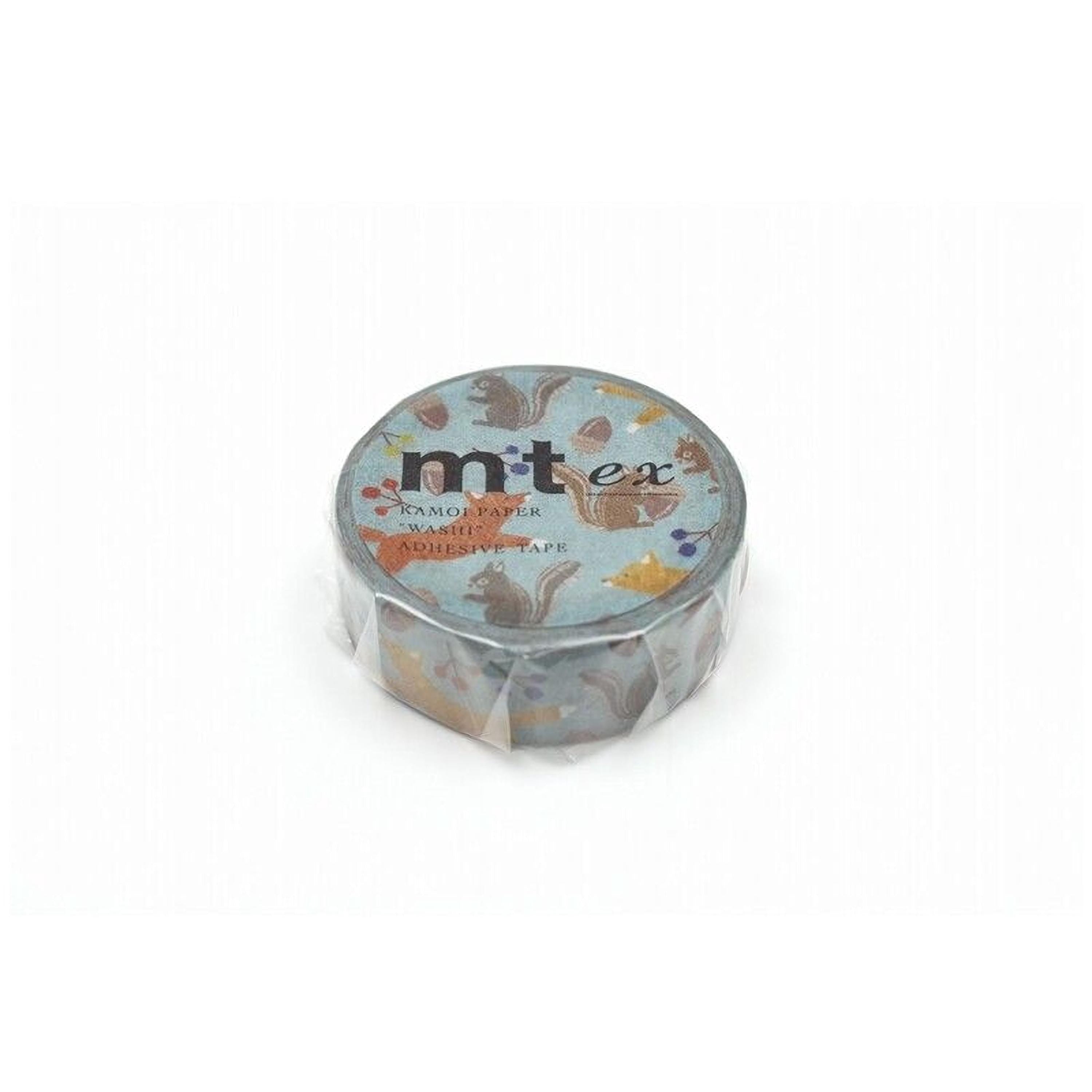 A round, blue, and white tape dispenser with a pattern of squirrels on it.