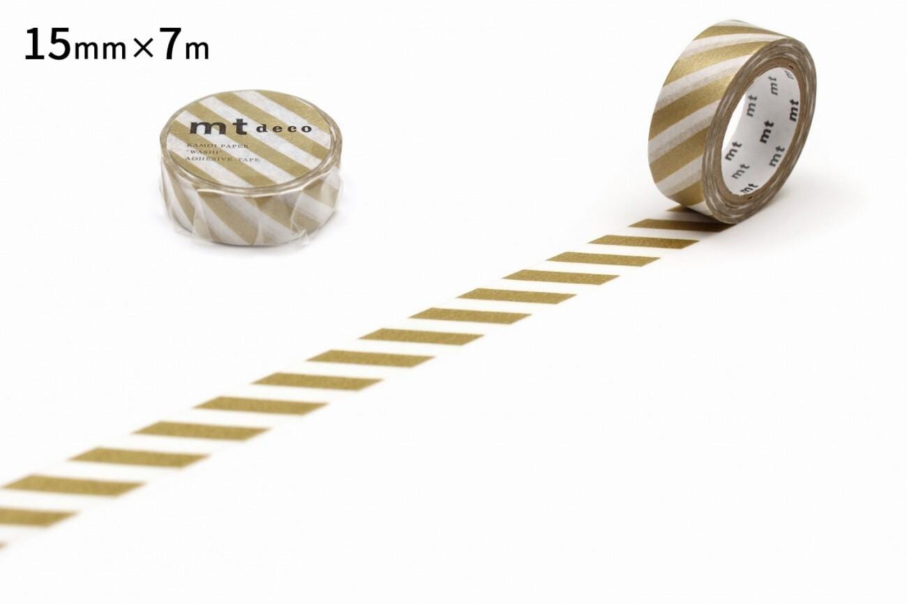 a roll of gold and white striped tape with a label, placed on a white surface.